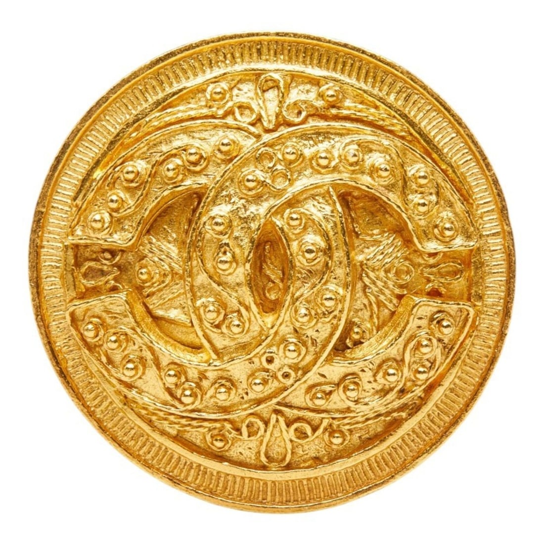 Chanel Coco Mark Vintage Round Brooch, 94A Stamp, Gold Plated, Women's CHANEL: --- Catalog ---Category: SizeSize (HxWxD): 4.78cm x 4.78cm / 1.88'' x 1.88''Category: DesignType: BroochColor: GoldGender: WomenSeason: VintageCategory: GeneralBrand: Chanel--- Item List ---Section: C