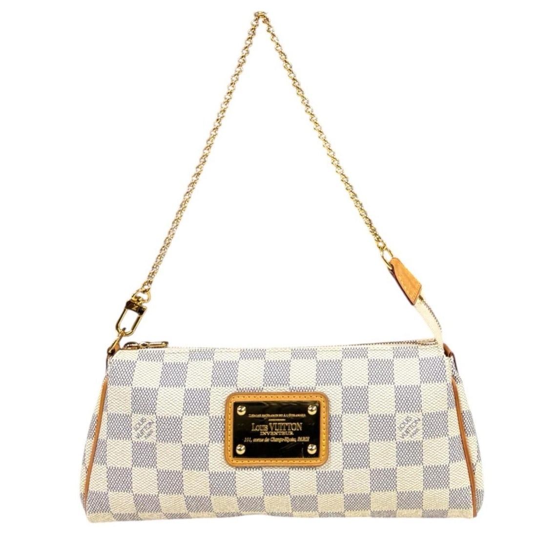 Louis Vuitton Eva Damier Azur Handbag, Canvas N55214, White, Women's, LOUIS VUITTON: --- Catalog ---Category: SizeWeight: 150g / 5.29oz.Size (HxWxD): 13cm x 25cm x 4cm / 5.11'' x 9.84'' x 1.57''Handle Length: 42cm / 16.53''Category: DesignType: HandbagColor: WhiteGender: WomenSeason: 