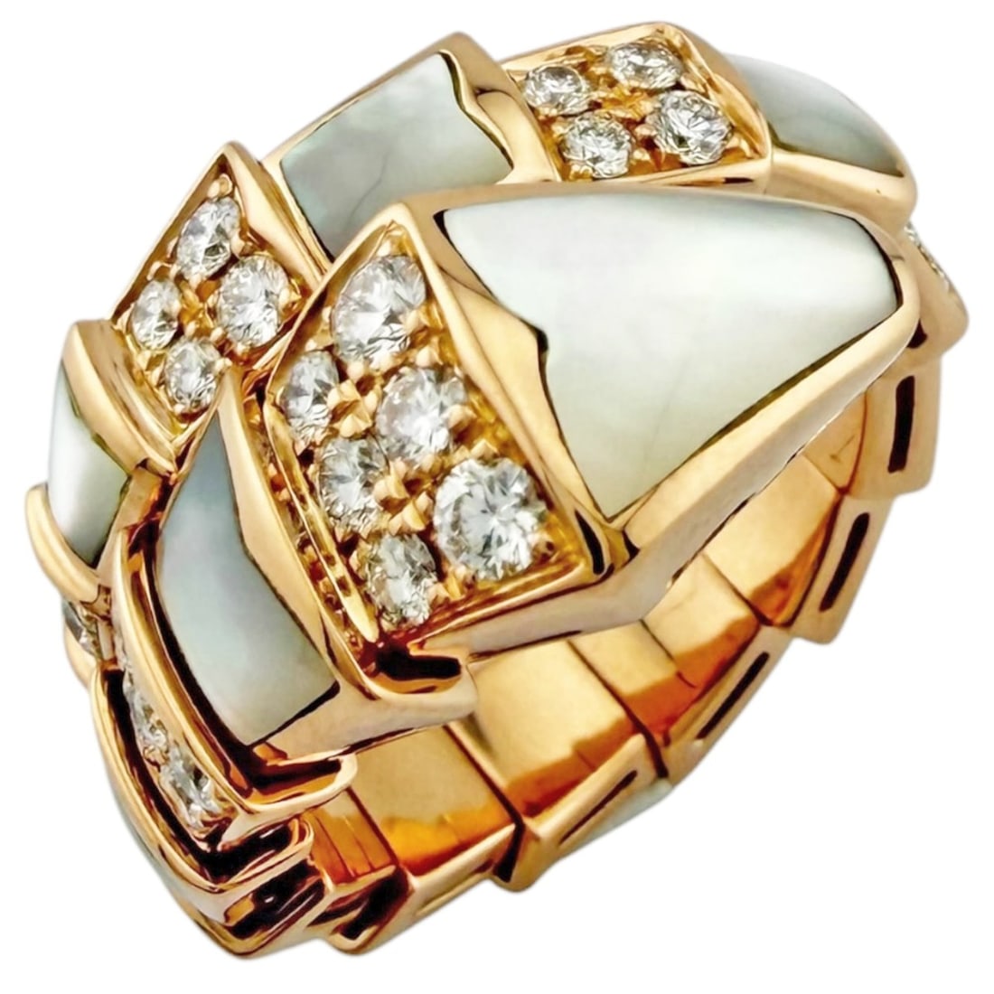 Bvlgari Bulgari Serpenti Viper Ring, 18K Pink Gold, Diamond, Mother-of-Pearl, Women's: --- Catalog ---Category: SizeWeight: 10.1g / 0.35oz.JP Size: 10US Size: 5.5Category: DesignType: Band ringColor: Pink goldStone: Diamond, Mother of pearlGender: WomenHandmade: YesMaterial: Pink gold (