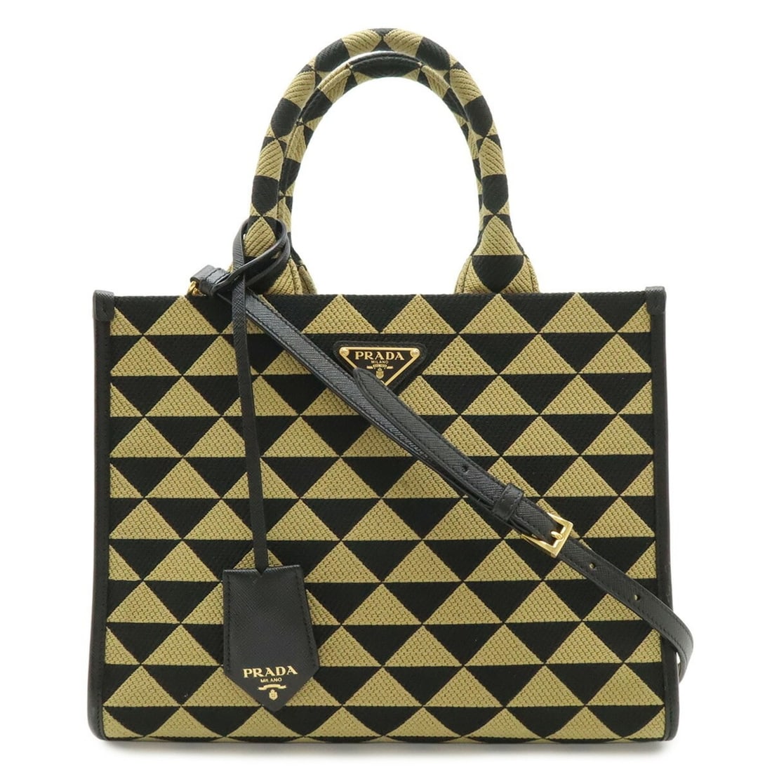 PRADA Prada Symbol Embroidery Fabric Small Handbag Tote Bag Jacquard Black Beige 1BA354: --- Catalog ---Category: SizeSize (HxWxD): 21.5cm x 28.5cm x 9cm / 8.46'' x 11.22'' x 3.54''Category: DesignType: Handbag, Tote bagColor: Beige, Black, NeroGender: WomenMaterial: Jacquard , Leather Ha
