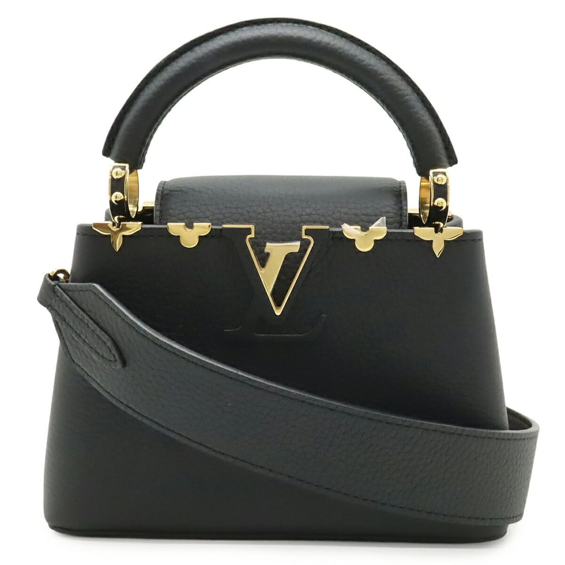 LOUIS VUITTON Capucines Mini Handbag/Shoulder Bag, Taurillon Leather, Noir Black, M56669: --- Catalog ---Category: SizeSize (HxWxD): 17.5cm x 26.5cm x 9cm / 6.88'' x 10.43'' x 3.54''Category: DesignType: Handbag, Shoulder bagColor: Black, NoirGender: WomenMaterial: Leather Category: Genera