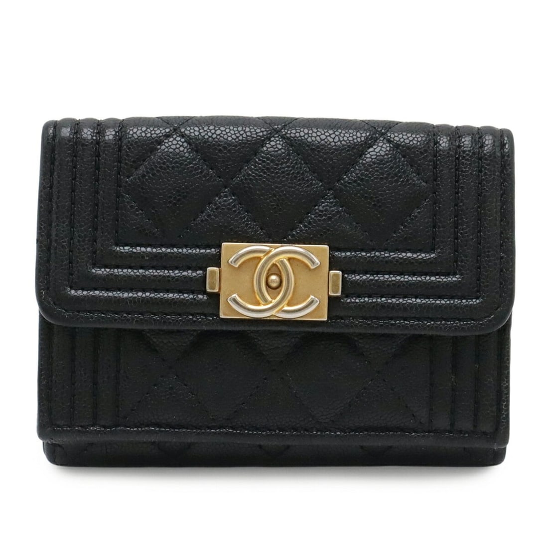 CHANEL Boy Chanel Matelassé Coco Mark Small Flap Wallet, Caviar Leather, Black, A84432: --- Catalog ---Category: SizeSize (HxWxD): 7.5cm x 10.5cm / 2.95'' x 4.13''Category: DesignColor: BlackMaterial: Grained Calfskin Outer Pocket: Coin purse/coin case Category: GeneralLine: MatelasseBra