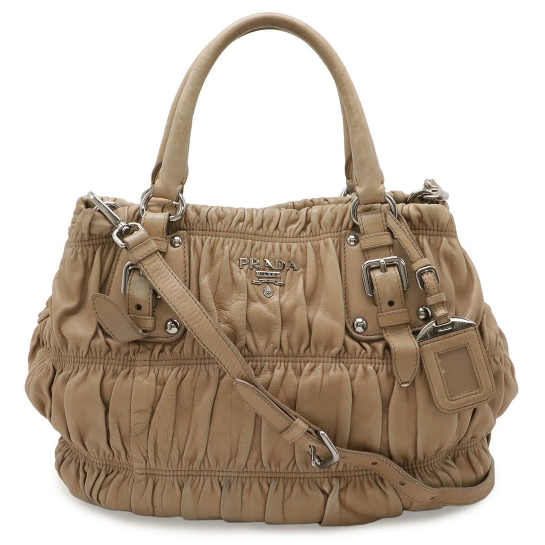 PRADA Nappa Gaufre Gathered Shoulder Bag, Handbag, Tote Leather, Beige BN1789: --- Catalog ---Category: SizeWeight: 960g / 2.11lb.Size (HxWxD): 29cm x 31cm x 13.5cm / 11.41'' x 12.2'' x 5.31''Strap Length: 120cm / 47.24''Category: DesignType: Handbag, Shoulder bag, Tote bagColor