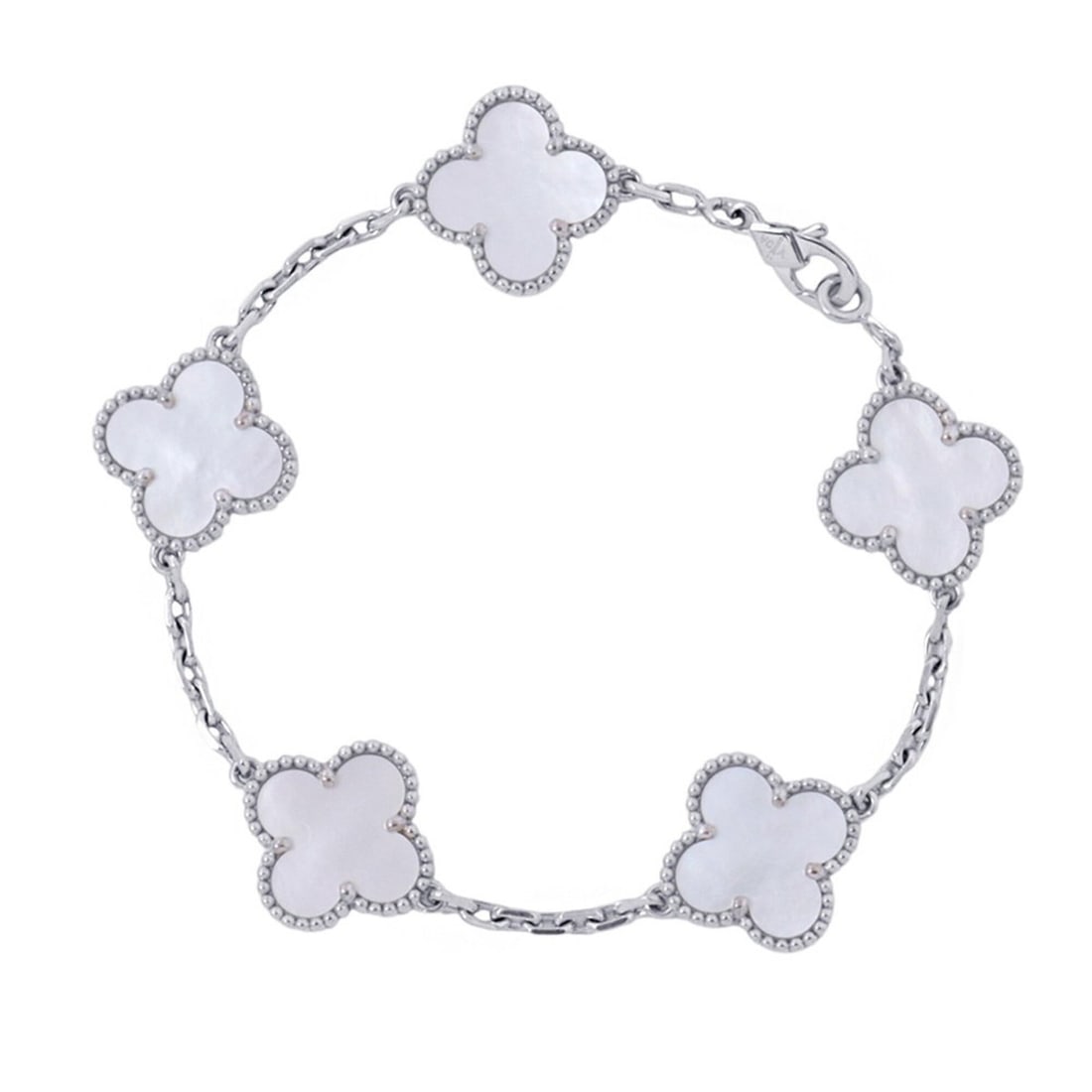 Van Cleef & Arpels Alhambra Bracelet, 5 Motifs, Mother-of-Pearl, 18K White Gold (VCARF48400): --- Catalog ---Category: SizeLength: 16cm / 6.29''Category: DesignType: Charm braceletColor: White gradientGender: WomenMaterial: White gold (18K)Category: GeneralMPN: VCARF48400Brand: Van Cleef & Arp