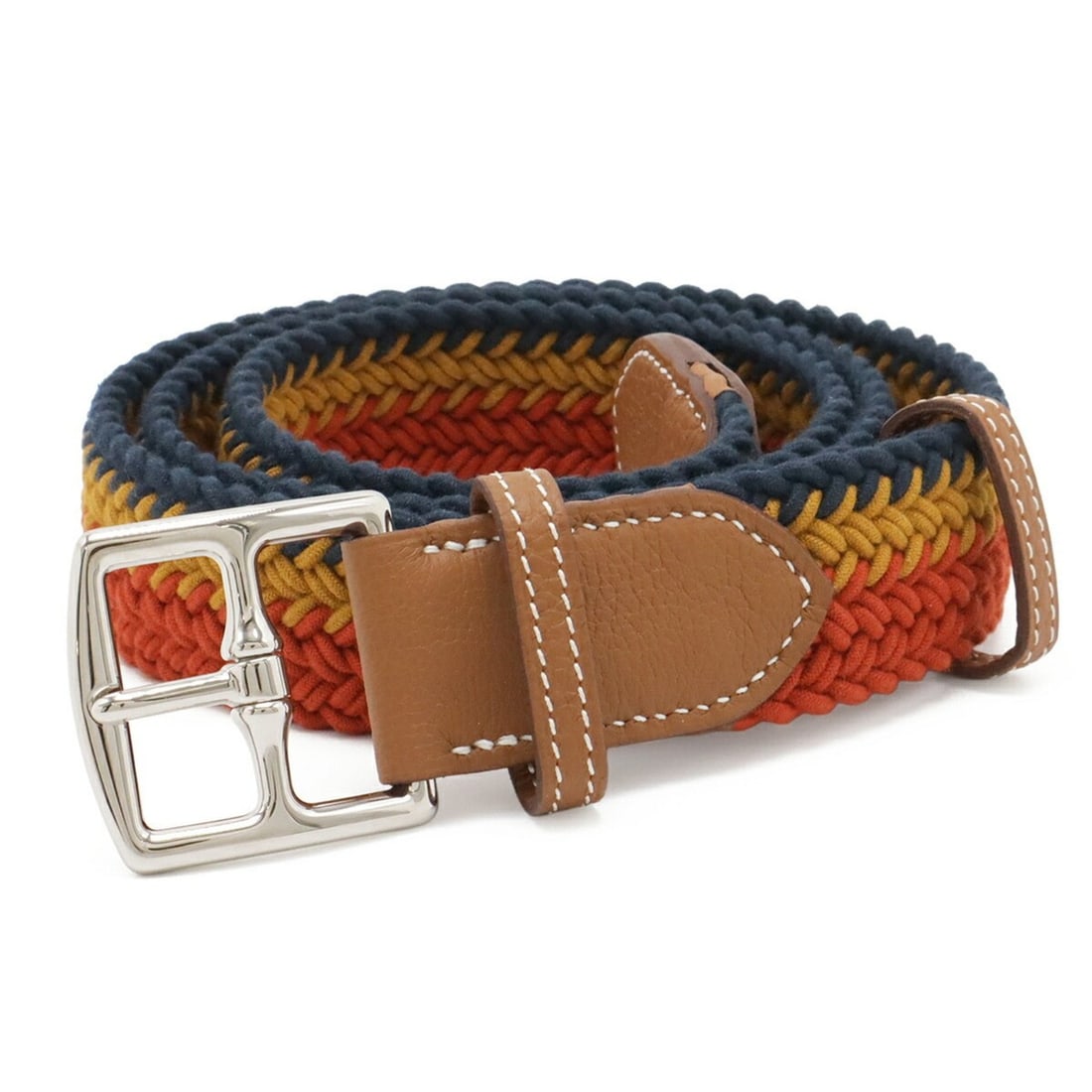 HERMES Rocabar Etrivière Belt, Waxed Cotton Leather, Orange, Yellow, Navy, Brown, #100, B Stamp: --- Catalog ---Category: SizeWidth: 3.2cm / 1.25''Length: 115cm / 45.27''Category: DesignType: Standard beltColor: Brown, Navy, Orange, YellowGender: MenMaterial (Strap): Cotton , Leather Category: Ge
