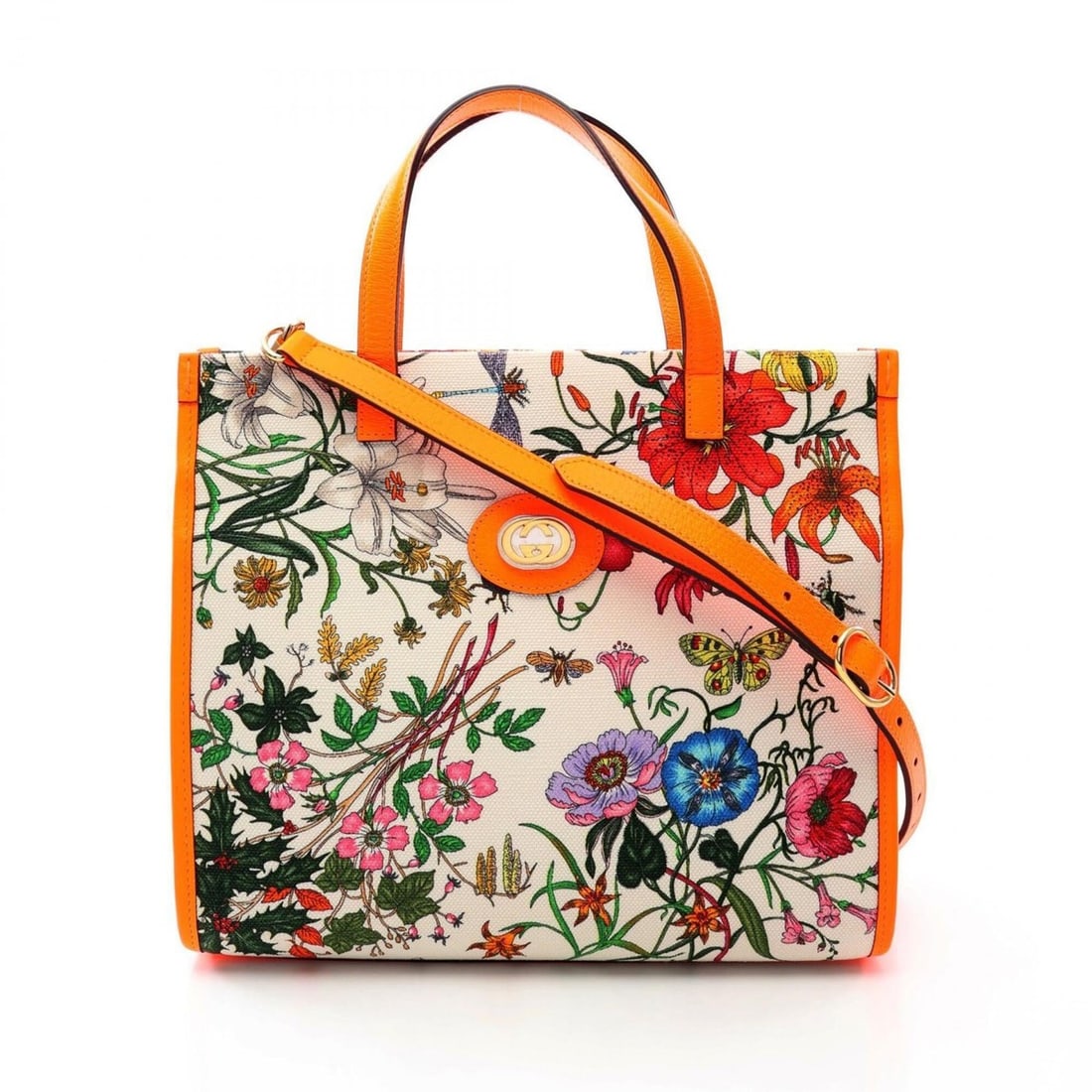 Gucci Flora Neon Color 2-Way Handbag, Canvas and Leather, Women's, Ivory, Orange, Multicolor, 550141: --- Catalog ---Category: SizeSize (HxWxD): 25cm x 28cm x 11cm / 9.84'' x 11.02'' x 4.33''Strap Length: 112cm - 127cm / 44.09'' - 49.99''Handle Length: 29.5cm / 11.61''Category: DesignType: HandbagColo
