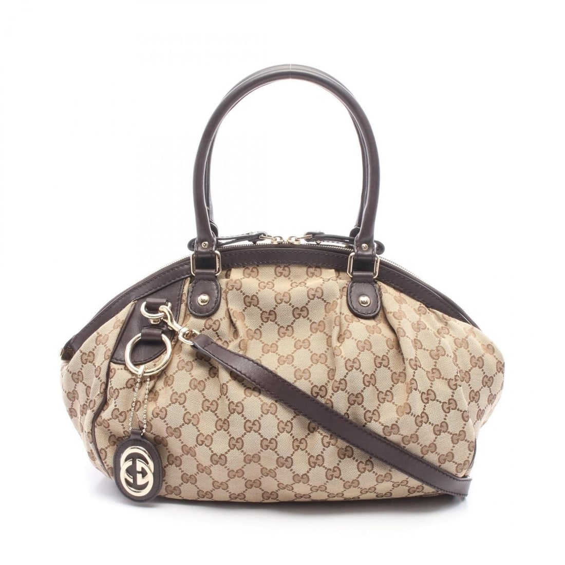 Gucci Sukey GG Canvas 2-Way Handbag, and Leather, Women's, Beige/Brown, Item No. 223974: --- Catalog ---Category: SizeSize (HxWxD): 27cm x 34cm x 16cm / 10.62'' x 13.38'' x 6.29''Strap Length: 90cm / 35.43''Handle Length: 49cm / 19.29''Category: DesignType: HandbagColor: Beige, BrownGende