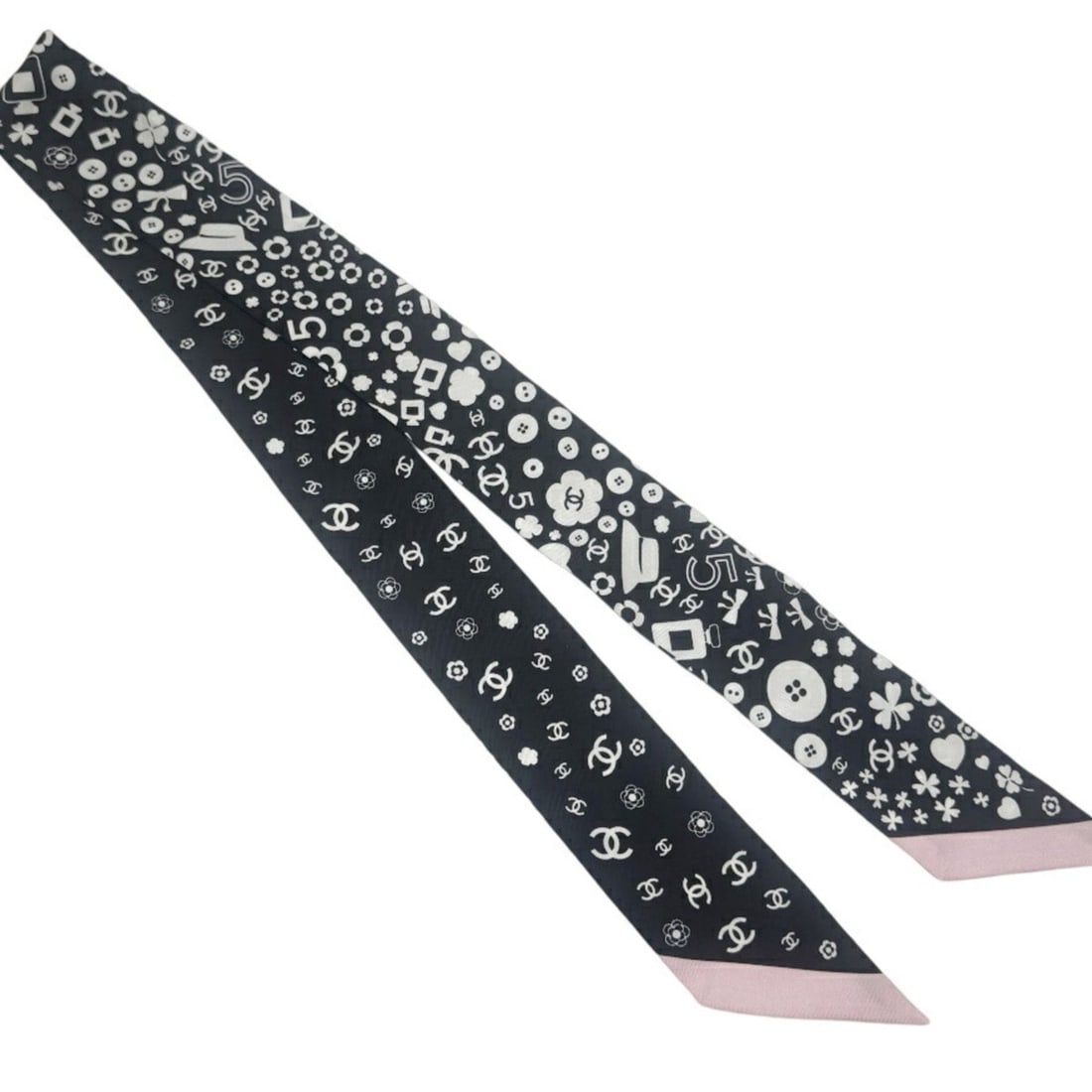 CHANEL Bandeau Ribbon Silk Scarf/Muffler for Women, Black and Pink, Coco Mark, Camellia Design.: --- Catalog ---Category: SizeSize (LxW): 1.22m x 6cm / 48.03'' x 2.36''Category: DesignType: ScarfColor: Black, PinkGender: WomenMaterial: Silk Category: GeneralBrand: Chanel--- Item List ---Section: 