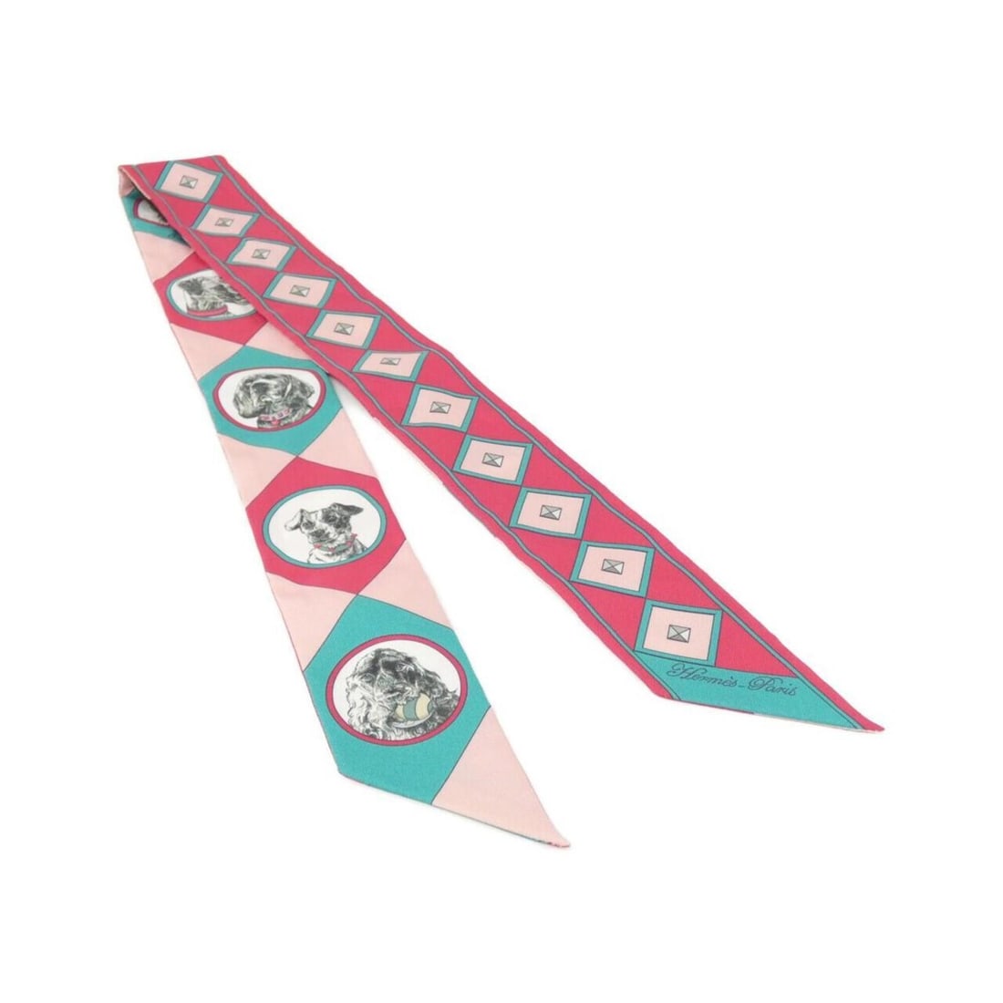 Hermes Colliers et Chiens Twilly 063453S Scarf Muffler: --- Catalog ---Category: SizeSize (LxW): 86cm x 5cm / 33.85'' x 1.96''Category: DesignType: ScarfColor: PinkGender: Women,MenMaterial: Silk Category: GeneralBrand: Hermes--- Item List ---Section: Cond