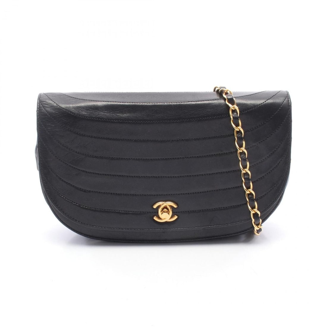 Chanel Half Moon Shoulder Bag/Handbag, Lambskin Leather, Women's, Black: --- Catalog ---Category: SizeSize (HxWxD): 15cm x 21cm x 5cm / 5.9'' x 8.26'' x 1.96''Category: DesignType: Handbag, Shoulder bagColor: BlackGender: WomenMaterial: Leather Hardware Color: GoldLeather/