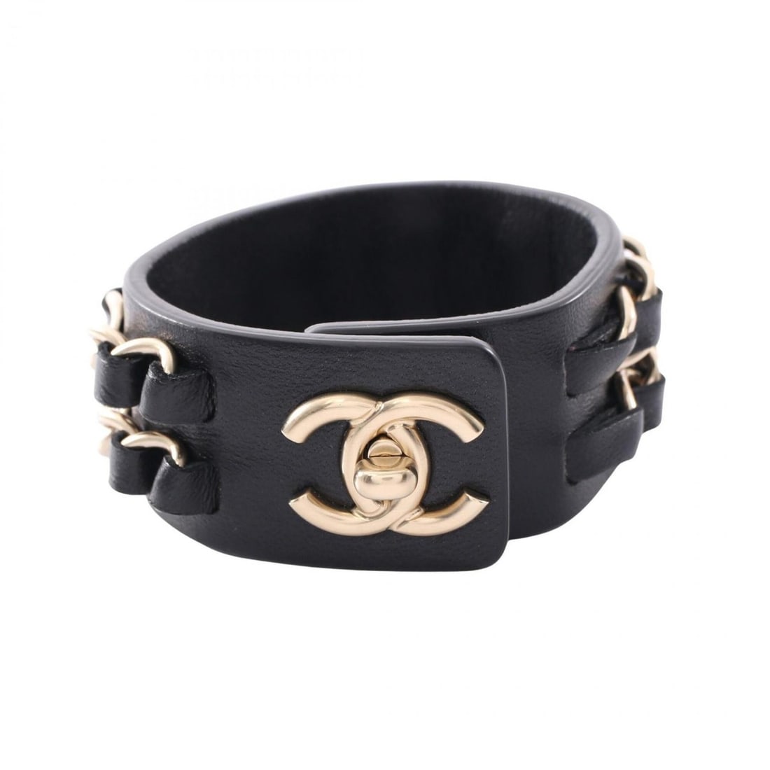 Chanel Coco Mark Turnlock Bracelet, Leather, Gold Plated (GP), Women's, Black/Gold Tone (1 of 9)