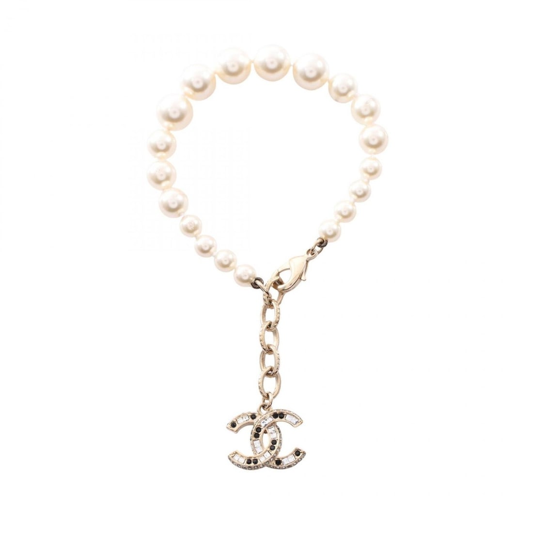 Chanel Coco Mark Bracelet, Gold Plated (GP), Pearl, Rhinestone, Women's, White, Gold, Black: --- Catalog ---Category: SizeLength: 16cm - 19.5cm / 6.29'' - 7.67''Category: DesignType: Charm braceletColor: Black, Gold, WhiteStone: Pearl, RhinestoneGender: WomenMaterial: Gold platingCategory: Ge