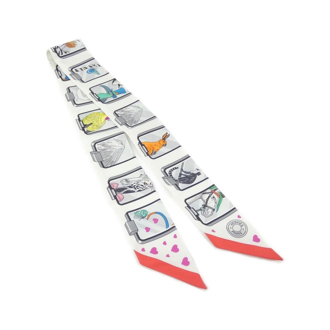 Hermes HERMES STORY Twilly 063875S Scarf Muffler: --- Catalog ---Category: SizeSize (LxW): 86cm x 5cm / 33.85'' x 1.96''Category: DesignType: ScarfColor: WhiteGender: Women,MenMaterial: Silk Category: GeneralBrand: Hermes--- Item List ---Section: Con
