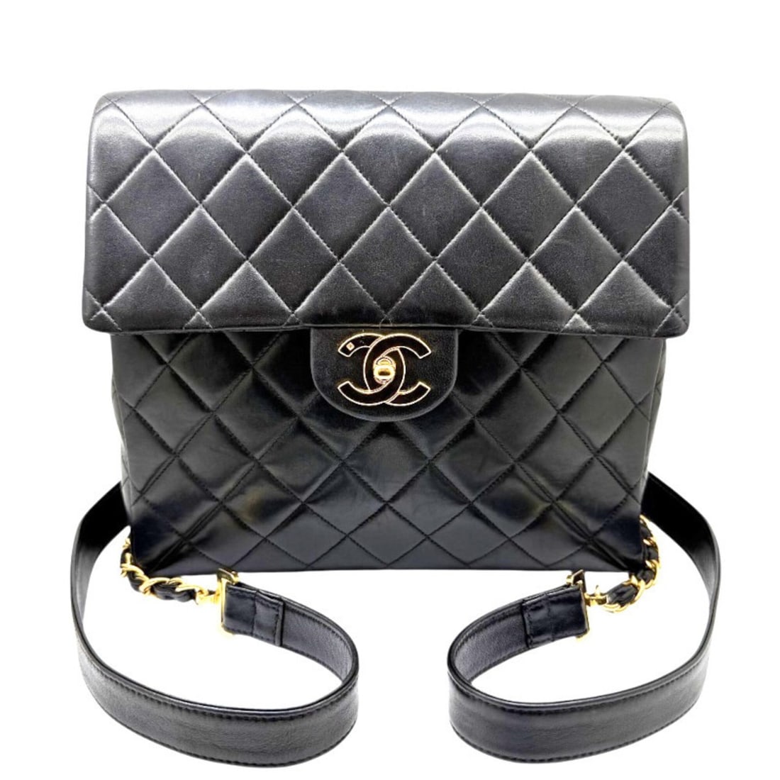 CHANEL Matelassé Square Backpack, Lambskin, Black Leather, Chain, Coco Mark, Women's: --- Catalog ---Category: SizeSize (HxWxD): 23cm x 24cm x 8cm / 9.05'' x 9.44'' x 3.14''Category: DesignType: BackpackColor: BlackGender: WomenMaterial: Leather Hardware Color: GoldLeather/Fur Type: La