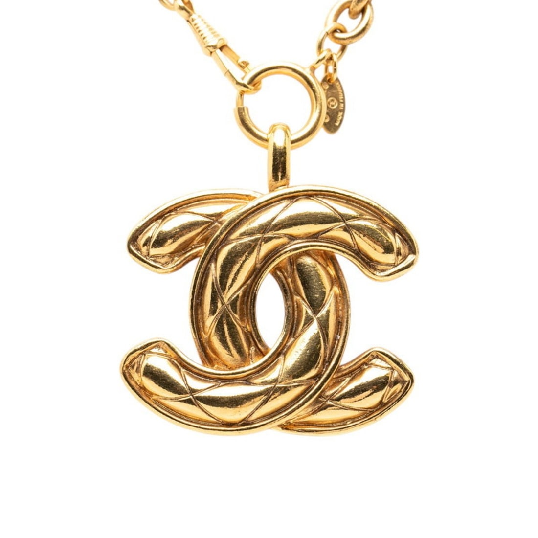 Chanel Matelassé Coco Mark Rogue Chain Necklace, Gold Plated, Women's.: --- Catalog ---Category: SizePendant Size: 48mm x 56.6mm / 1.88'' x 2.22''Neck Circumference: 89 cm / 35.03''Category: DesignColor: GoldGender: WomenNecklace Type: NecklaceCategory: GeneralLine: Matel