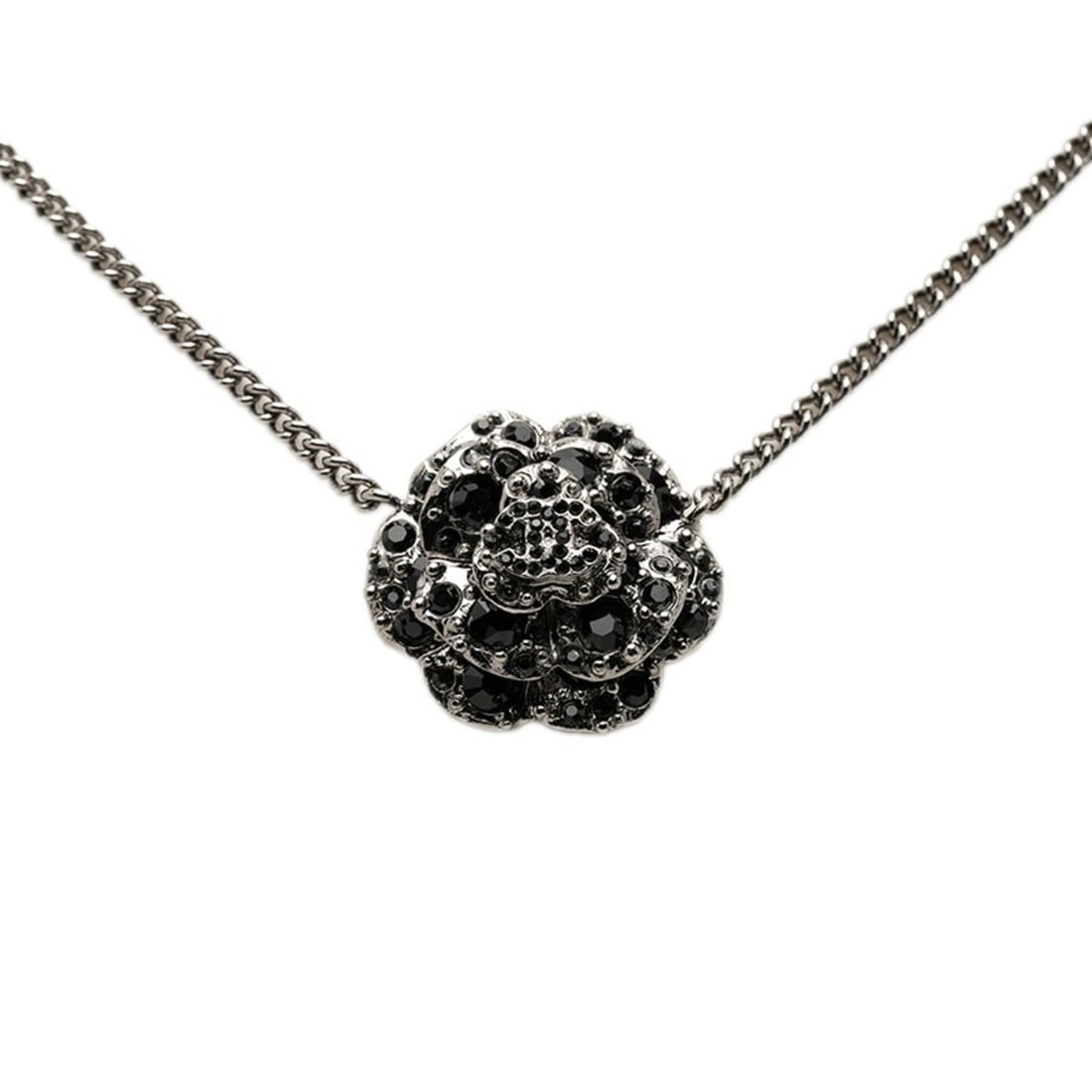 Chanel Camellia Coco Mark Necklace, Silver, Black Metal Rhinestones, Women's CHANEL: --- Catalog ---Category: SizePendant Size: 23.7mm x 25.9mm / 0.93'' x 1.01''Neck Circumference: 42 cm / 16.53''Category: DesignColor: Black, SilverStone: RhinestoneGender: WomenMaterial: MetalNecklace