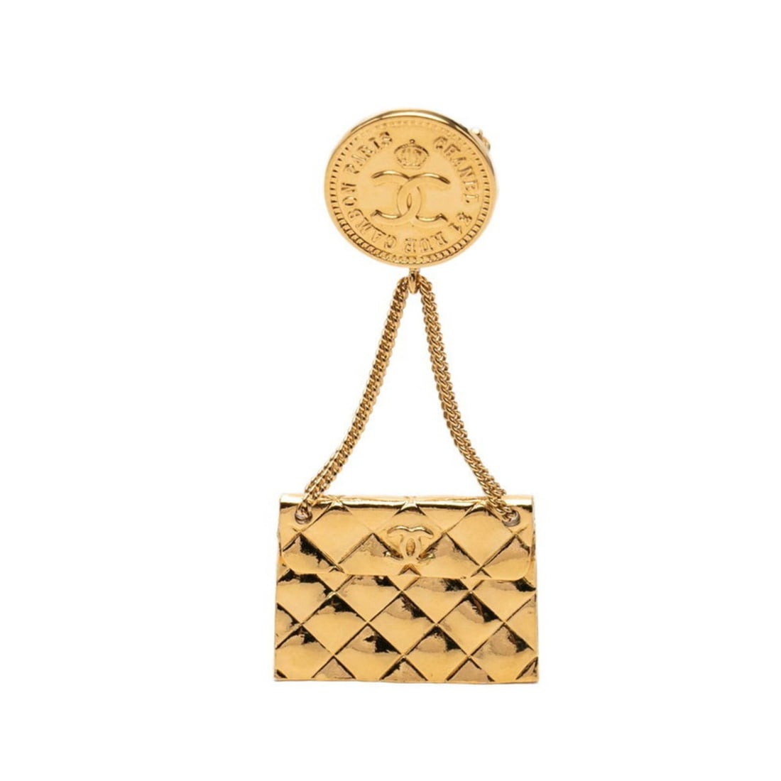 Chanel Coco Mark Matelassé Handbag Motif Brooch, Gold Plated, Women's CHANEL: --- Catalog ---Category: SizeSize (HxWxD): 7.8cm x 2.1cm / 3.07'' x 0.82''Category: DesignType: BroochColor: GoldGender: WomenCategory: GeneralLine: MatelasseBrand: Chanel--- Item List ---Section: Con
