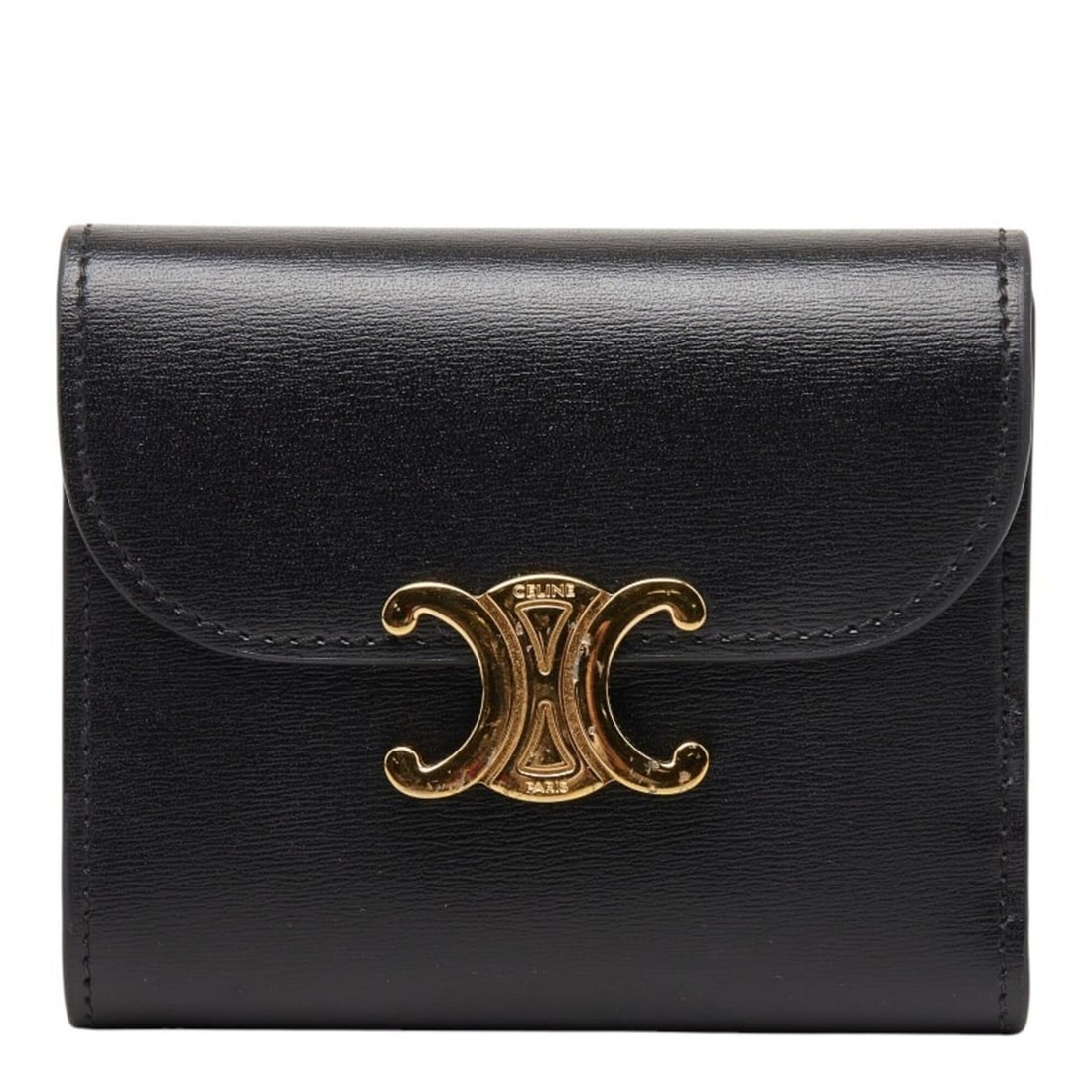 Celine Triomphe Compact Wallet, Tri-fold Black Leather, Women's CELINE: --- Catalog ---Category: SizeSize (HxWxD): 9cm x 10.5cm x 2cm / 3.54'' x 4.13'' x 0.78''Category: DesignType: Wallet (tri-fold)Color: BlackGender: WomenMaterial: Leather Category: GeneralBrand: