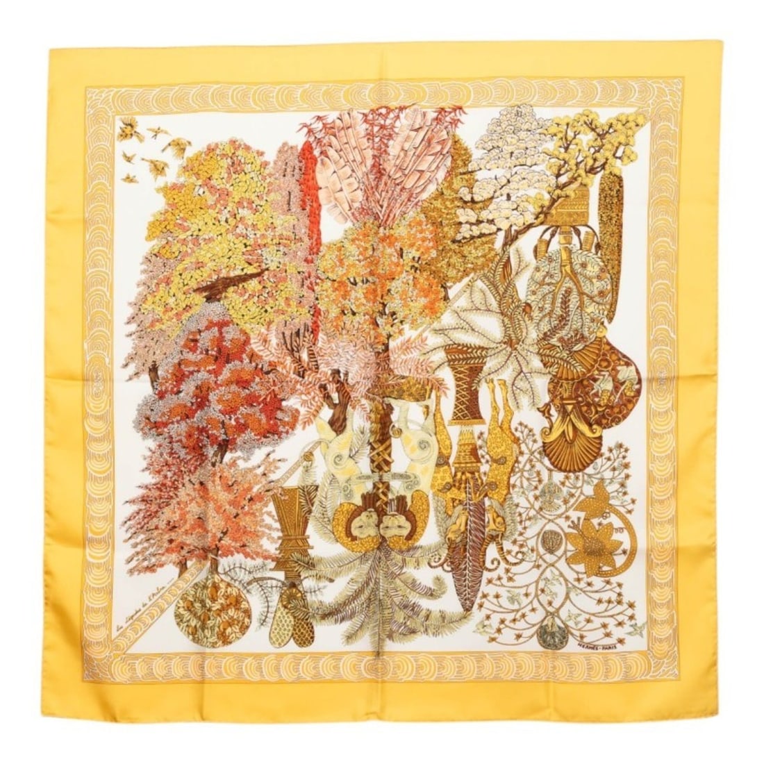 Hermes Carre 90 Les Legendes de L'Arbre (Legends of the Tree) Scarf/Muffler, Large Size,: --- Catalog ---Category: SizeSize (LxW): 89cm x 90cm / 35.03'' x 35.43''Category: DesignType: ScarfColor: Multi-color, YellowGender: WomenMaterial: Silk Category: GeneralBrand: Hermes--- Item List ---