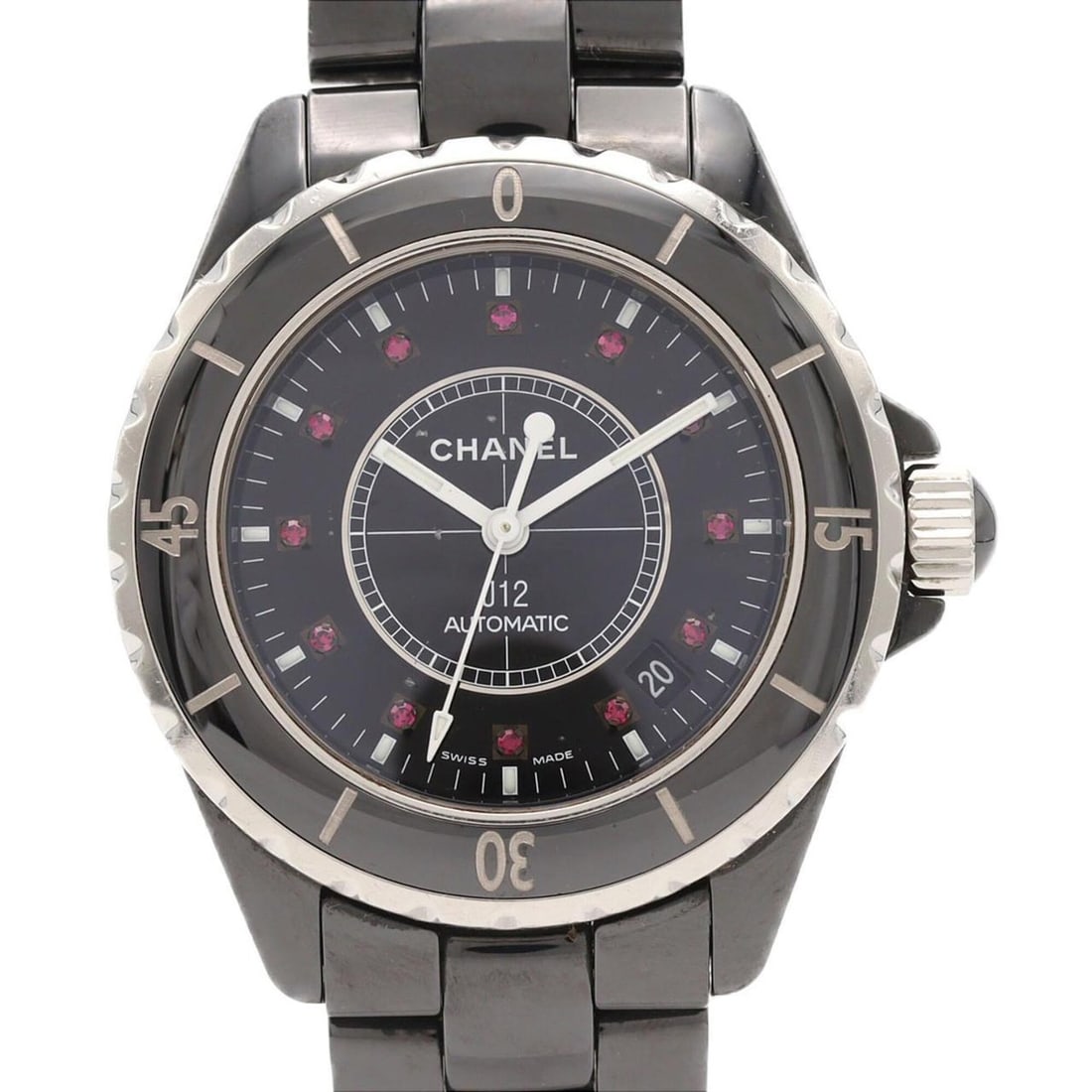 Chanel J12 38mm Ceramic 12P Ruby H1635 Automatic Watch: --- Catalog ---Category: SizeWrist Size: 18cm / 7.08''Case Diameter: 38mm / 1.5''Category: DesignType: WristwatchGender: MenColor (Dial): BlackMaterial (Band): CeramicMaterial (Case): CeramicCategory: