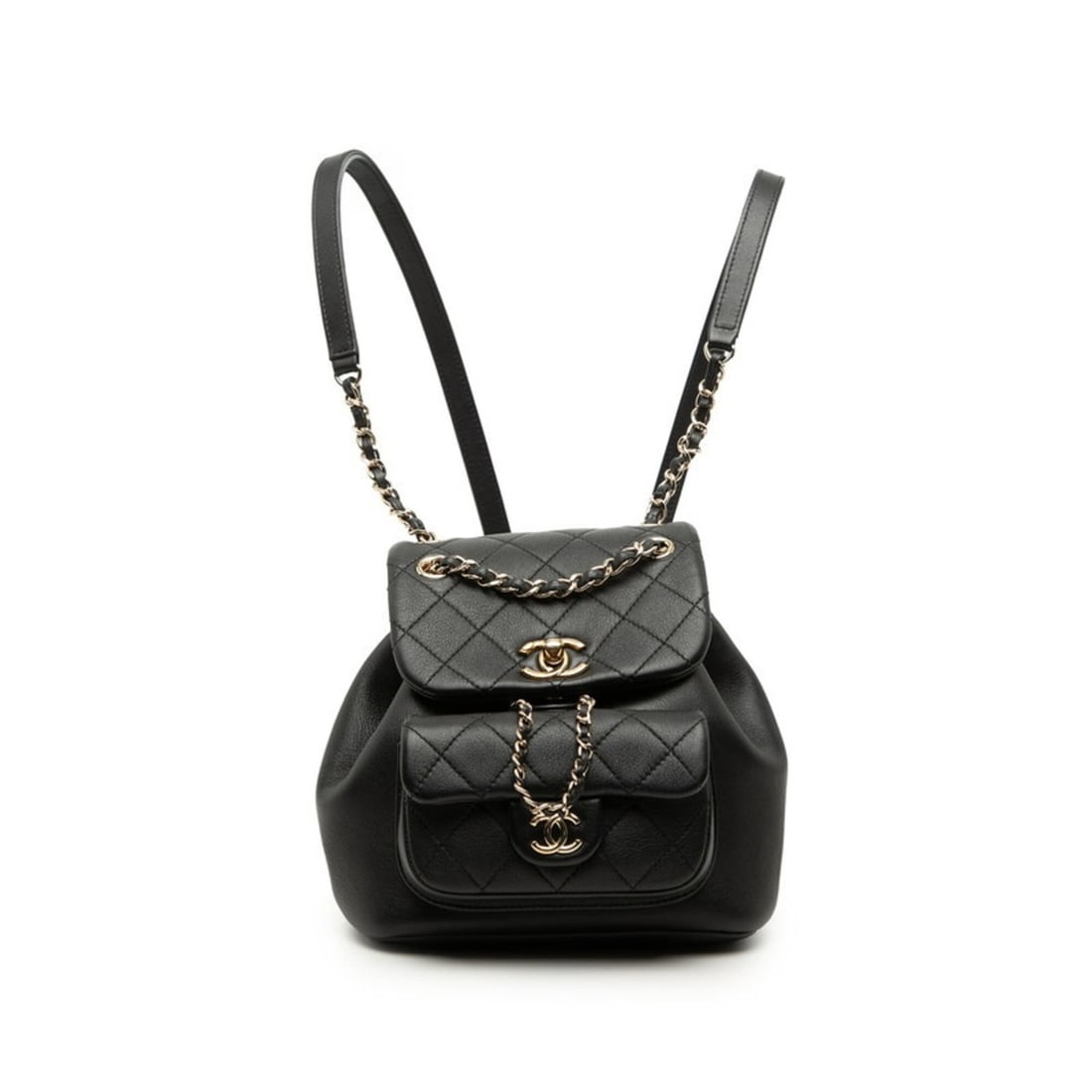 Chanel Matelassé Coco Mark Small Backpack, Black with Gold Hardware, Calfskin, Women's.: --- Catalog ---Category: SizeHandle Drop: 5.50cm / 2.17''Size (HxWxD): 21cm x 16.5cm x 12.5cm / 8.26'' x 6.49'' x 4.92''Strap Length: 82cm / 32.28''Category: DesignType: BackpackColor: BlackGender: Wo