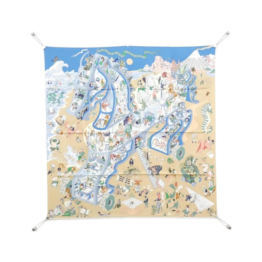 Hermes ACADEMIA HIPPICA Carre 004281S Scarf/Muffler: --- Catalog ---Category: SizeSize (LxW): 90cm x 90cm / 35.43'' x 35.43''Category: DesignType: ScarfColor: Beige, BlueGender: Women,MenMaterial: Silk Category: GeneralMPN: 004281SBrand: Hermes--- Item 