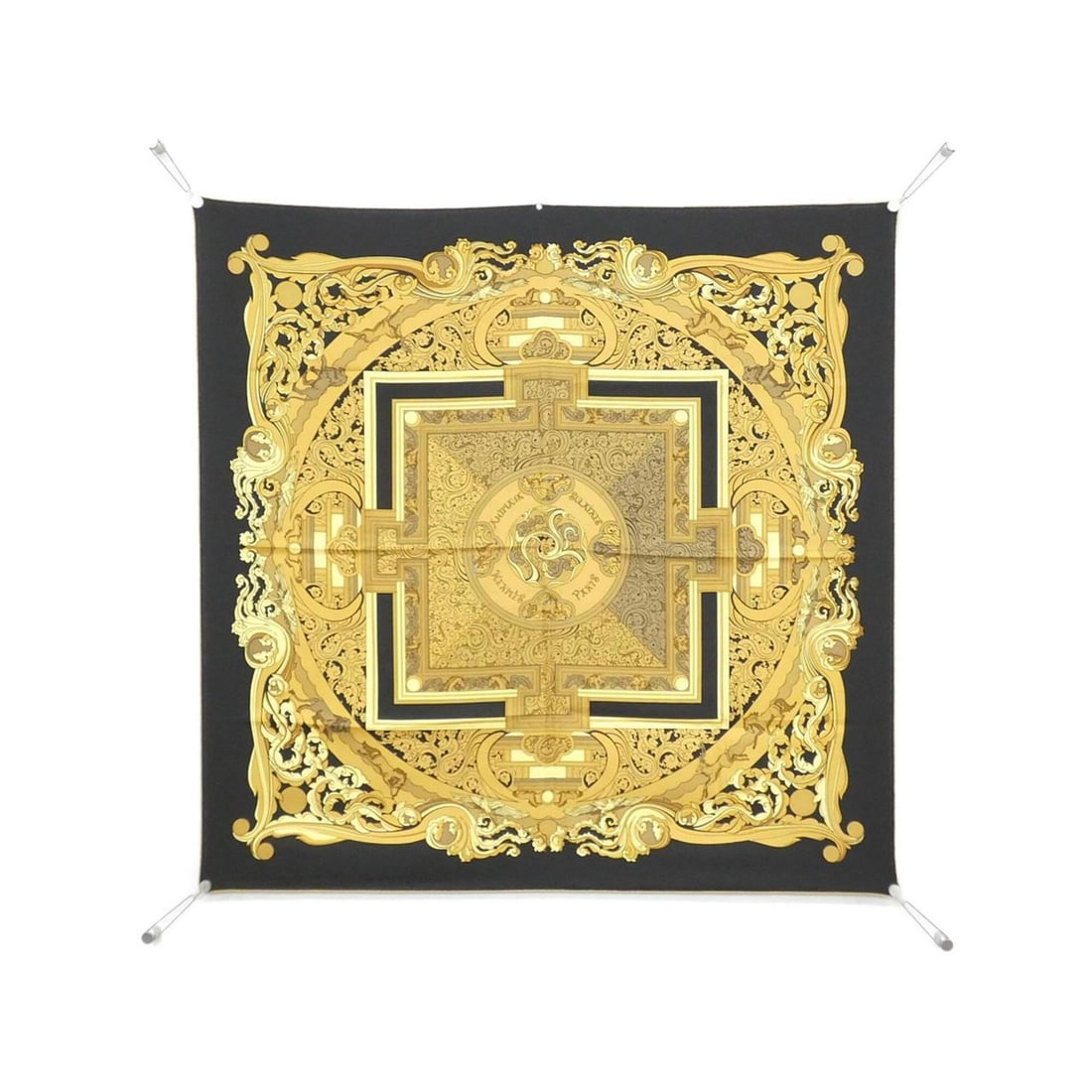 Hermes ANIMAUX SOLAIRES Carre Scarf Muffler: --- Catalog ---Category: SizeSize (LxW): 90cm x 90cm / 35.43'' x 35.43''Category: DesignType: ScarfColor: Black, GoldGender: Men,WomenMaterial: Silk Category: GeneralBrand: Hermes--- Item List ---Sect