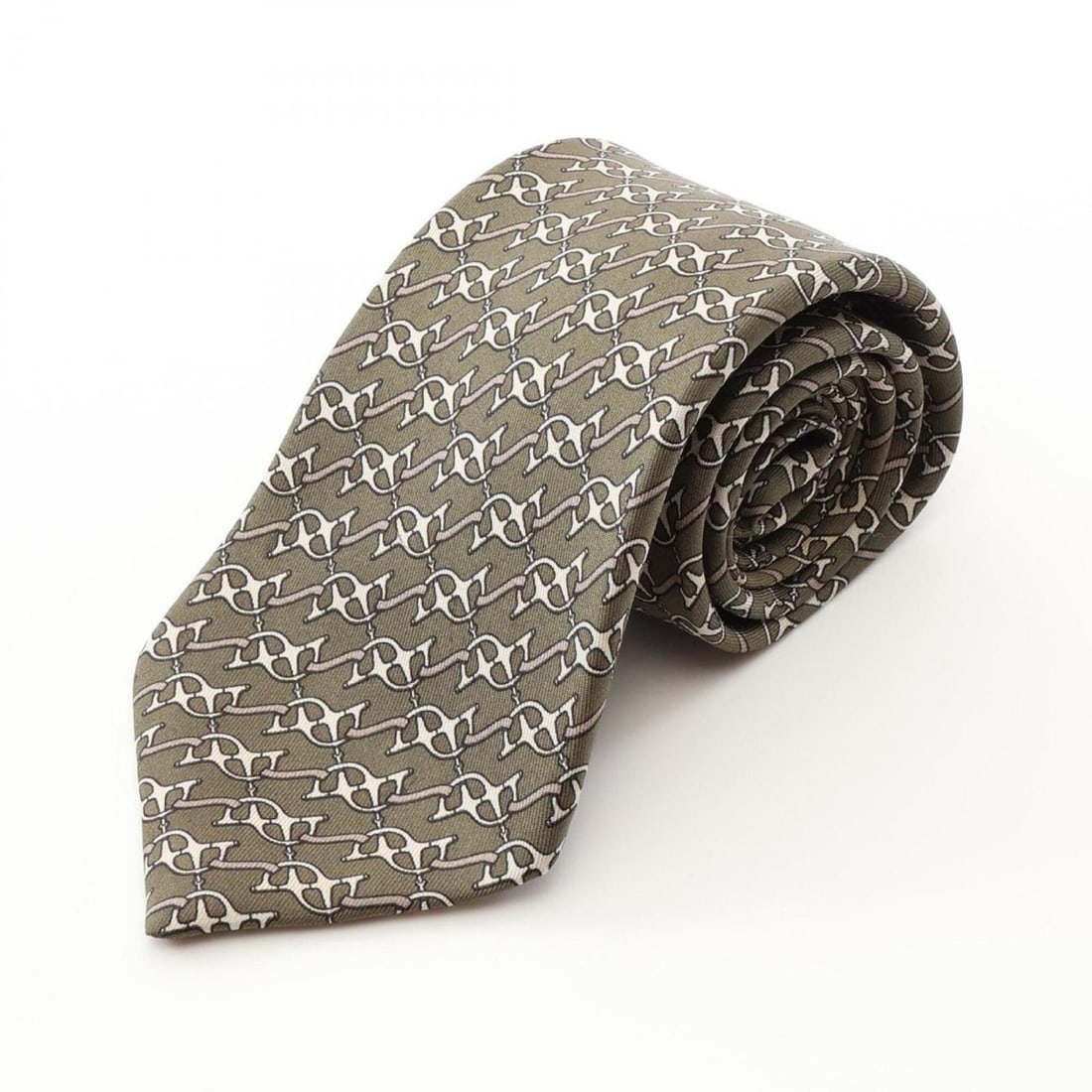 Hermes silk tie with all-over pattern, men's, khaki, white, and beige.: --- Catalog ---Category: SizeTotal Length: 142cm / 55.9''Category: DesignType: CravatColor: Beige, Khaki, WhiteGender: MenMaterial: Silk Category: GeneralBrand: Hermes--- Item List ---Section: Conditi