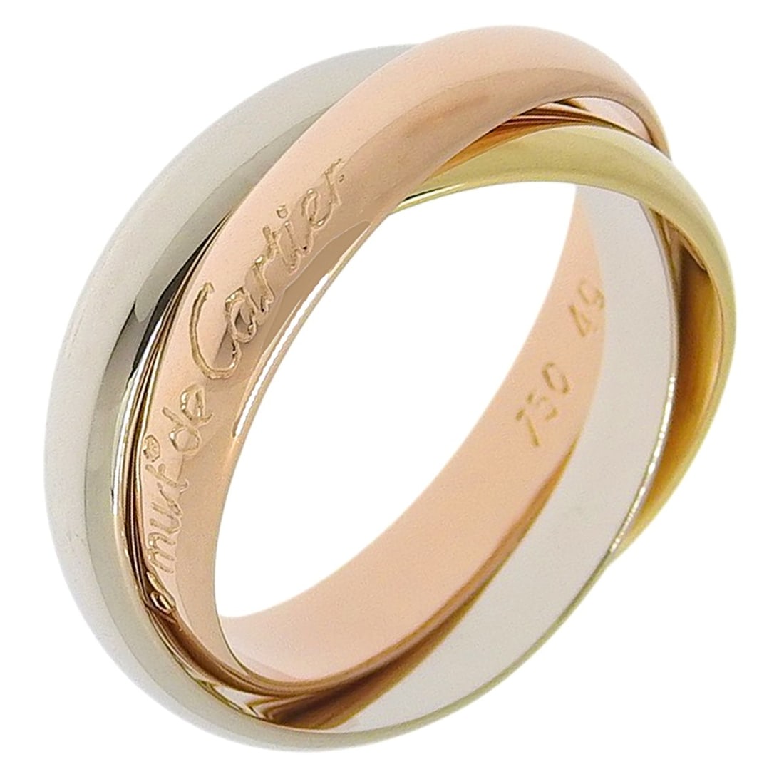 Cartier Trinity ring, size 9.5, 18K gold (YG x PG WG), approximately 6.6g, women's.: --- Catalog ---Category: SizeWidth: 3mm / 0.12''Weight: 6.6g / 0.23oz.JP Size: 9.5US Size: 5Inner Diameter: 17.00mm / 0.67''Category: DesignType: Band ringGender: WomenMaterial: Pink gold (18K), White