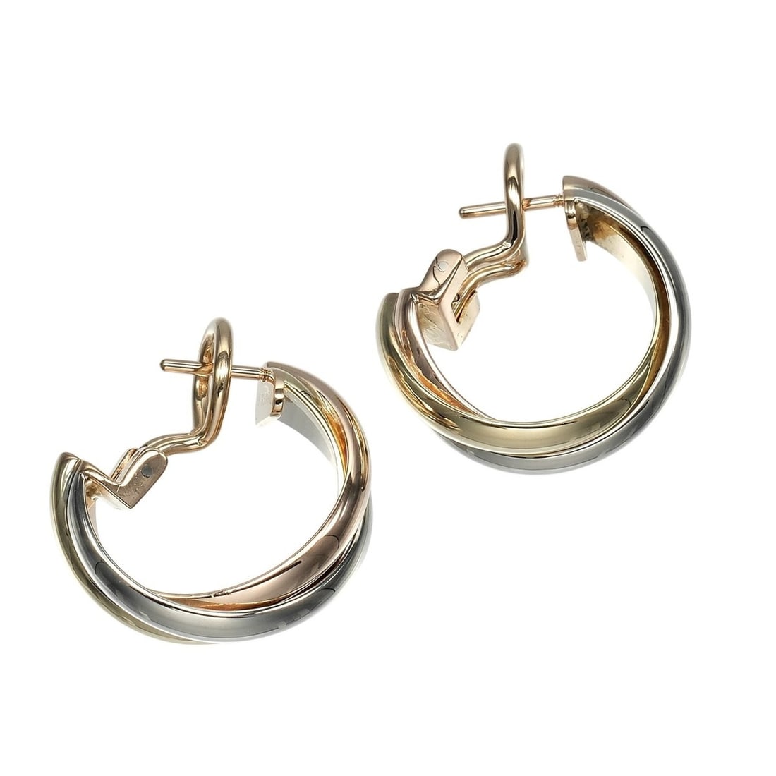 Cartier Trinity Earrings, 18K Gold (YG, PG, WG), Approx. 13.25g: --- Catalog ---Category: SizeWeight: 13.25g / 0.46oz.Size (HxWxD): 20.30mm x 20.50mm x 6.50mm / 0.80'' x 0.81'' x 0.26''Category: DesignType: Hoop earringsGender: WomenMaterial: Pink gold (18K), White