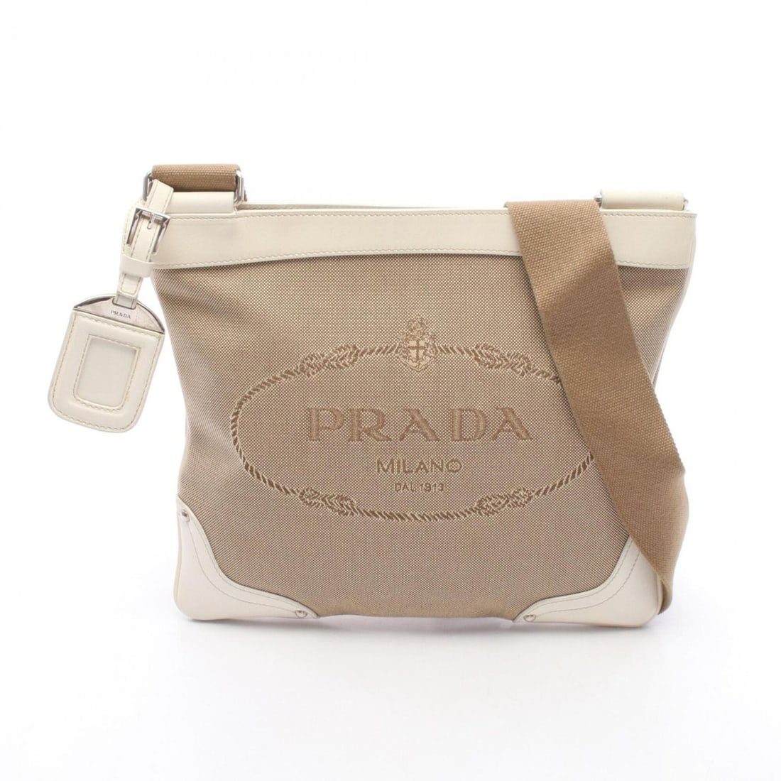 Prada logo jacquard shoulder bag/handbag, canvas and leather, women's, beige/ivory.: --- Catalog ---Category: SizeSize (HxWxD): 23cm x 26cm x 1cm / 9.05'' x 10.23'' x 0.39''Category: DesignType: Handbag, Shoulder bagColor: Beige, IvoryGender: WomenMaterial: Canvas , Leather Category: 