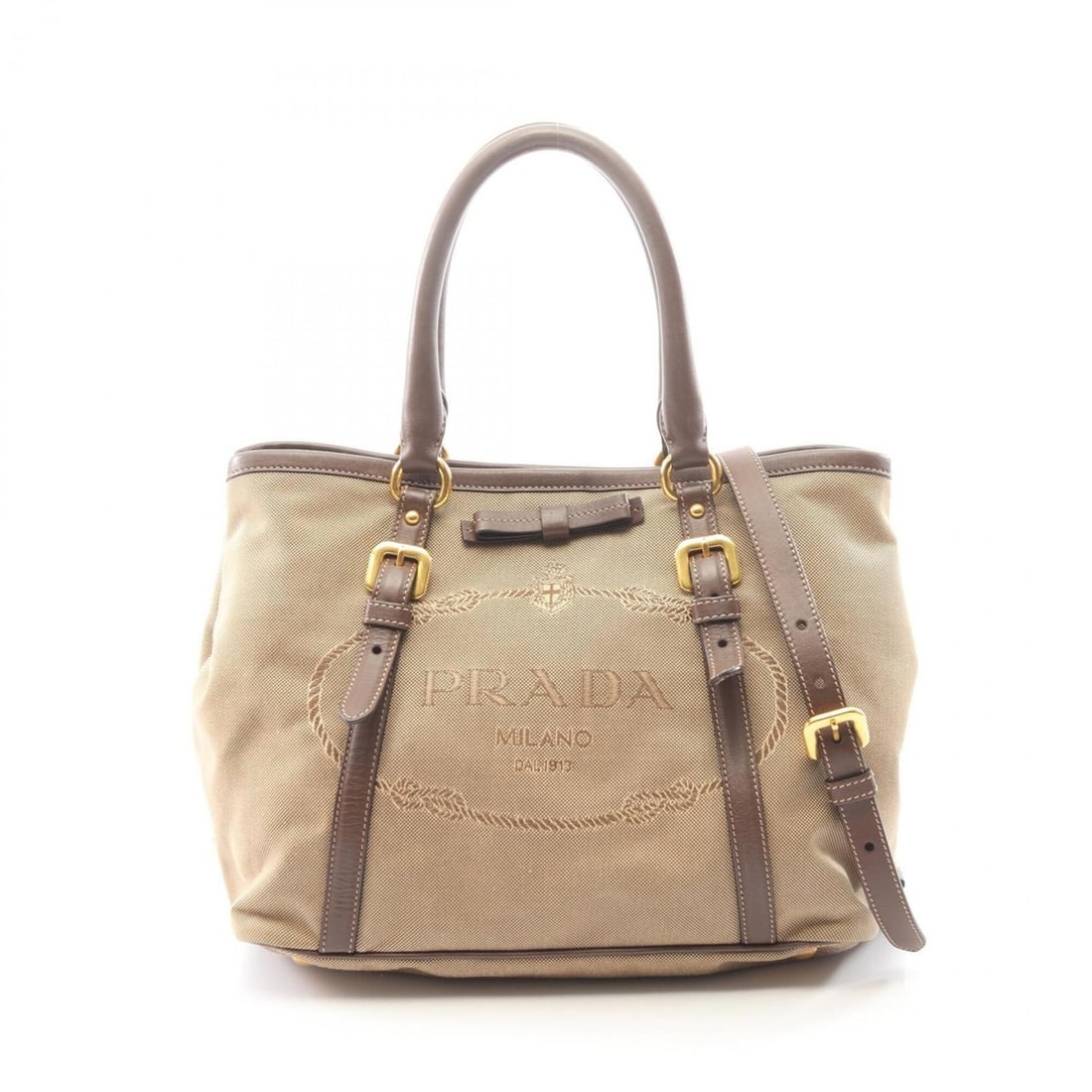 Prada LOGO JACQUARD 2-Way Tote Bag/Handbag, Canvas and Leather, Women's, Beige/Brown: --- Catalog ---Category: SizeSize (HxWxD): 22cm x 28cm x 16.5cm / 8.66'' x 11.02'' x 6.49''Category: DesignType: Handbag, Tote bagColor: Beige, BrownGender: WomenMaterial: Canvas , Leather Category: G