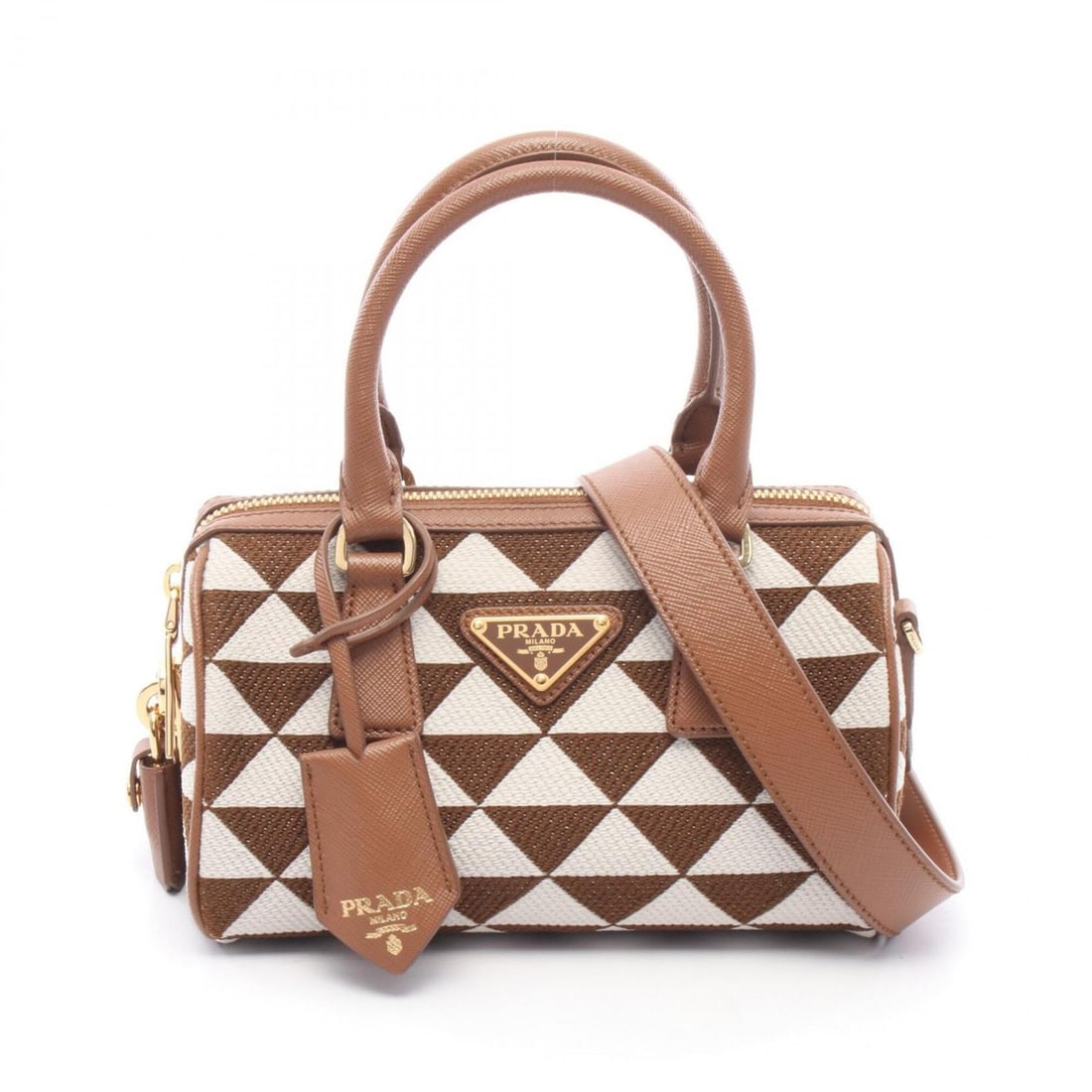 Prada TRIANGOLO JACQU 2-Way Handbag, Canvas and Leather, Women's, Brown/White, 1BB846: --- Catalog ---Category: SizeSize (HxWxD): 11cm x 20cm x 12cm / 4.33'' x 7.87'' x 4.72''Category: DesignType: HandbagColor: Brown, WhiteGender: WomenMaterial: Canvas , Leather Category: GeneralMPN: 1B