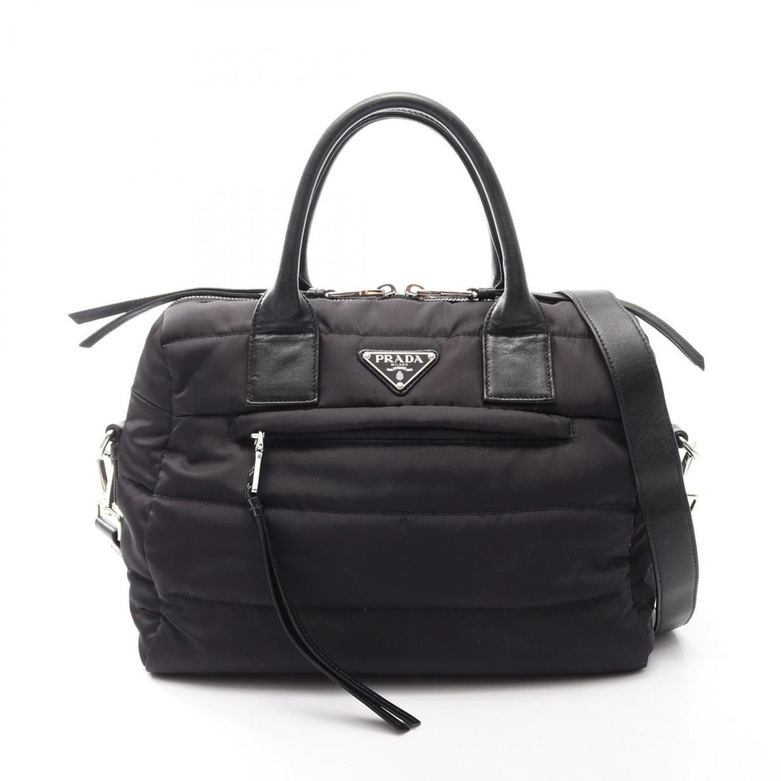 Prada TESSUTO BOMBER 2-Way Handbag, Nylon and Leather, Women's, Black (1BB024): --- Catalog ---Category: SizeSize (HxWxD): 25cm x 31cm x 15cm / 9.84'' x 12.2'' x 5.9''Category: DesignType: HandbagColor: BlackGender: WomenMaterial: Nylon , Leather Category: GeneralMPN: 1BB024Brand