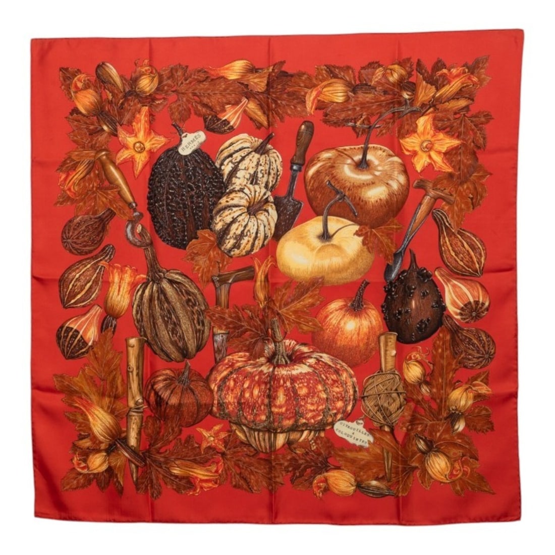 Hermes Carre 90 CITROUILLES ET COLOQUINTES Pumpkin and Colocintes Scarf Muffler Large Orange Silk: --- Catalog ---Category: SizeSize (LxW): 88cm x 90cm / 34.64'' x 35.43''Category: DesignType: ScarfColor: OrangeGender: WomenMaterial: Silk Category: GeneralBrand: Hermes--- Item List ---Section: Cond