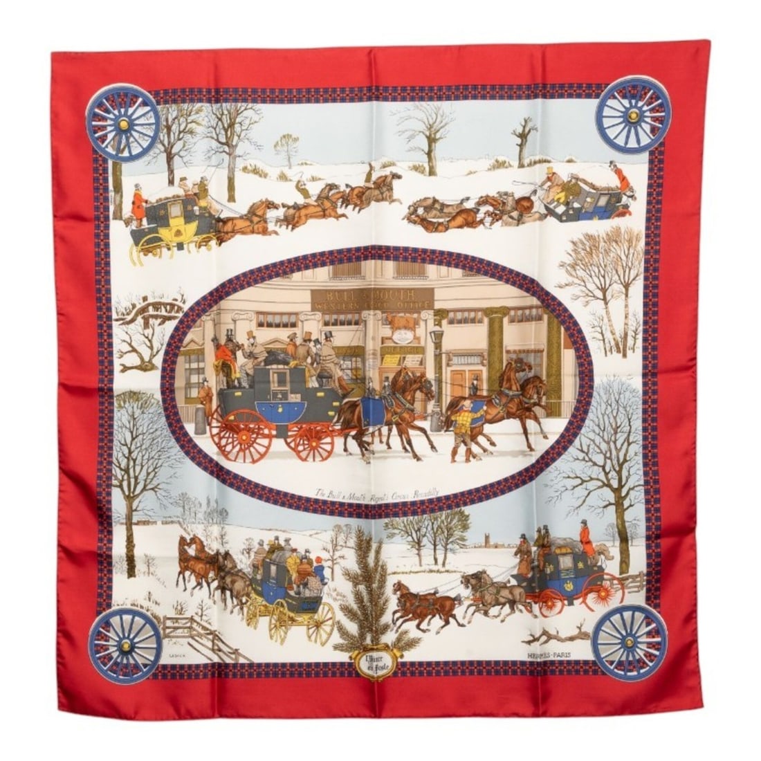 Hermes Carre 90 L'Hiver en Poste (Winter Postal Coach) Scarf/Muffler, Large Size, Red/Multicolor: --- Catalog ---Category: SizeSize (LxW): 90cm x 89cm / 35.43'' x 35.03''Category: DesignType: ScarfColor: Multi-color, Red colorGender: WomenSeason: Fall/winterMaterial: Silk Category: GeneralBrand: H