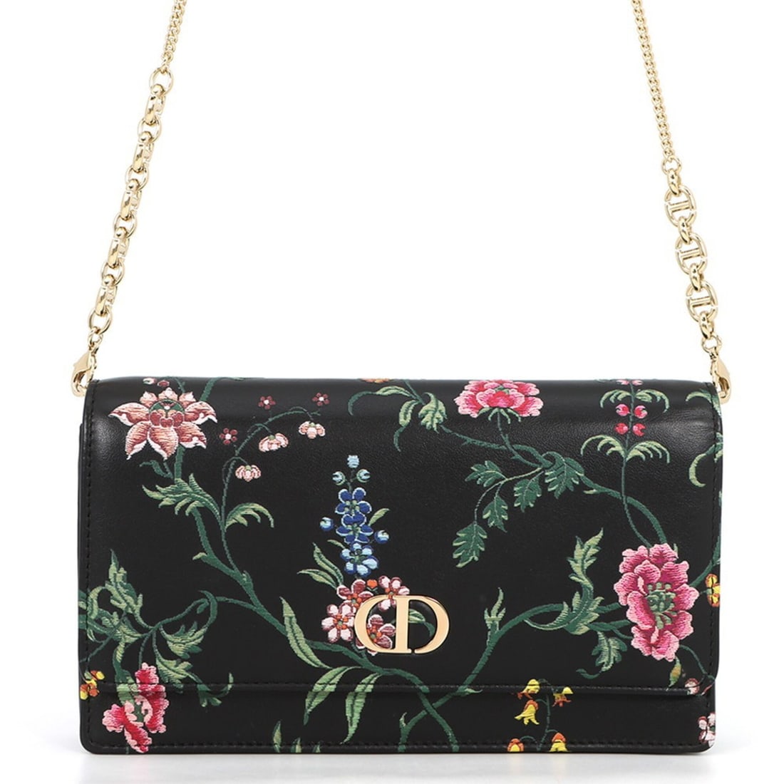 Christian Dior Chain Wallet, Caro Flower Print Leather S5134OBQJ, Black, Sale Item, Wallet for: --- Catalog ---Category: SizeSize (HxWxD): 11.5cm x 20cm / 4.52'' x 7.87''Strap / Chain Length: 1.1m / 43.3''Category: DesignType: Chain/Shoulder walletColor: Black, Multi-colorGender: WomenMaterial: 