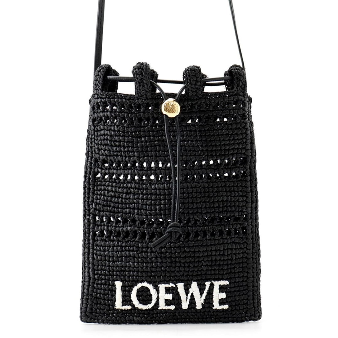 Loewe Shoulder Bag, Drawstring Pocket, Raffia, C756PHPX05, Black, Handbag: --- Catalog ---Category: SizeWeight: 120g / 4.23oz.Size (HxWxD): 21cm x 16cm / 8.26'' x 6.29''Strap Length: 116.5cm / 45.86''Category: DesignType: Handbag, Shoulder bagColor: BlackGender: WomenMateria