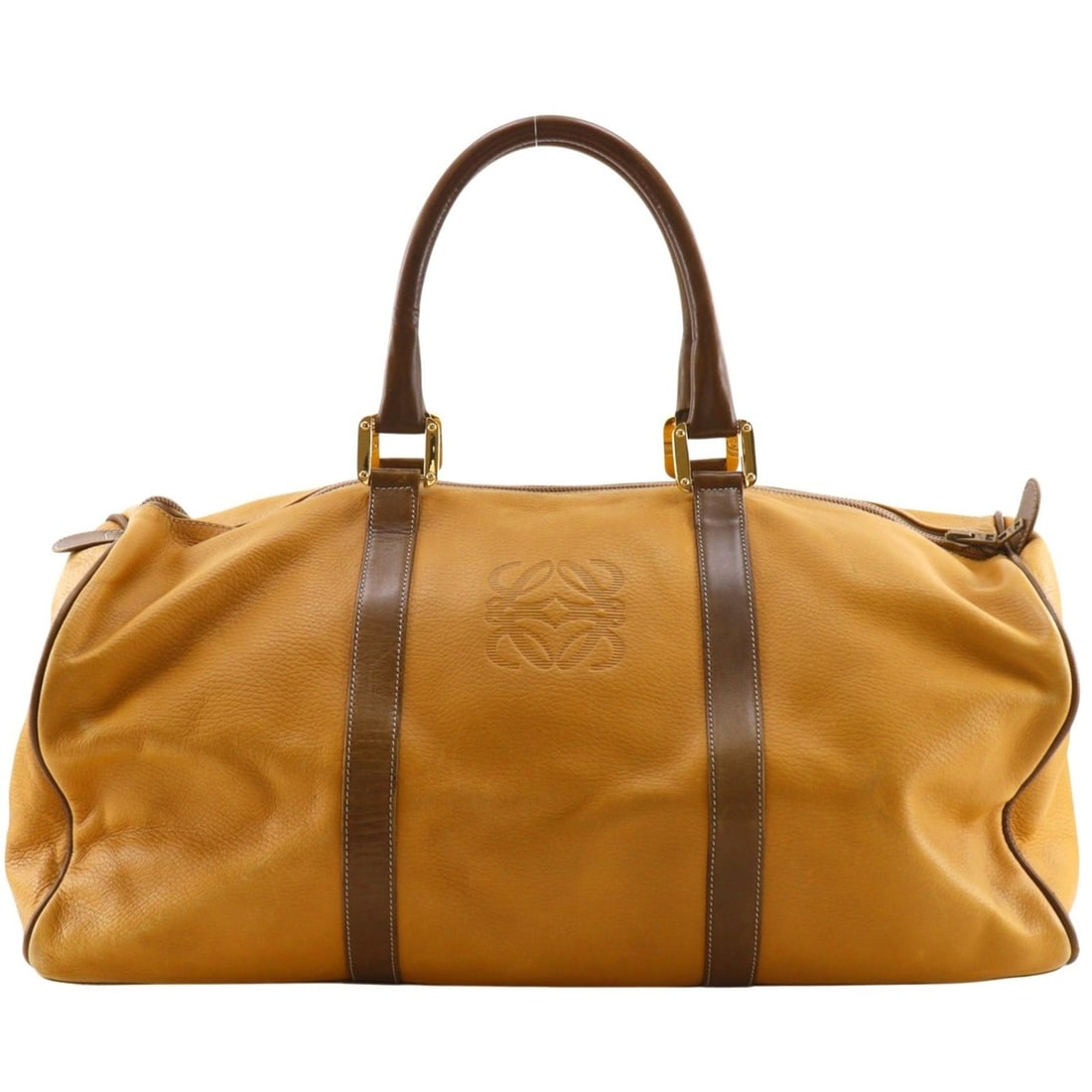 Loewe Anagram Boston Bag, Vintage Calfskin, Brown, A4 Size, Double Zipper, Unisex: --- Catalog ---Category: SizeSize (HxWxD): 26cm x 50cm x 23cm / 10.23'' x 19.68'' x 9.05''Category: DesignType: Boston bag, HandbagColor: BrownGender: Men,WomenMaterial: Leather Leather/Fur Type: Calf