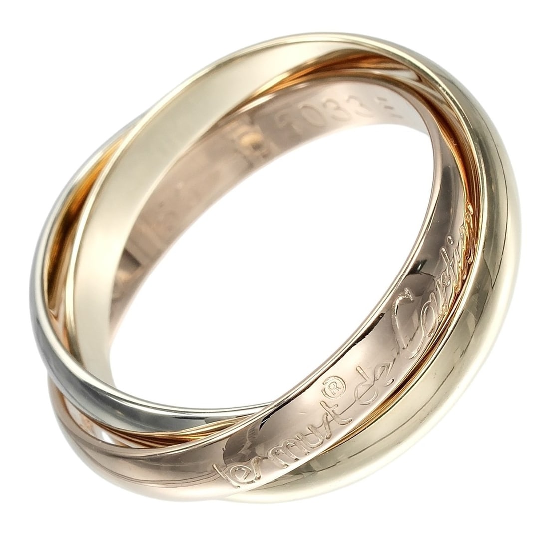 Cartier Trinity Ring, Size 15, 3.4mm Band, 18K Gold (YG, PG, WG), Approx. 7.83g: --- Catalog ---Category: SizeJP Size: 15US Size: 7.5Category: DesignType: Band ringColor: Pink gold, White gold, Yellow goldGender: WomenMaterial: Pink gold (18K), White gold (18K), Yellow gold (18K)C