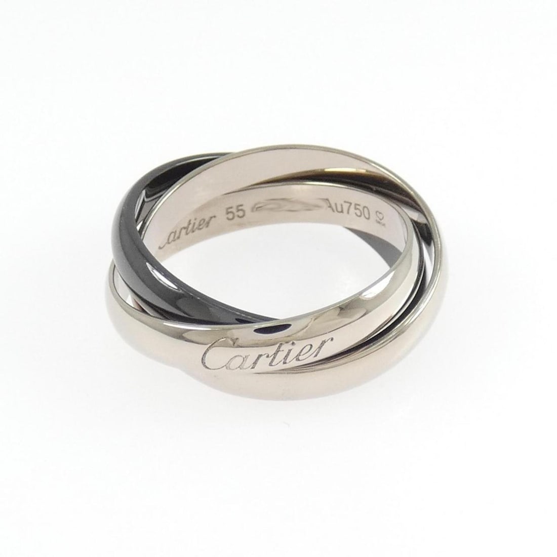 Cartier Classic Trinity Ring: --- Catalog ---Category: SizeUS Size: 7.5Brand Size: 55Category: DesignType: Band ringGender: WomenMaterial: Ceramic, White gold (18K)Category: GeneralBrand: Cartier--- Item List ---Section: Condition