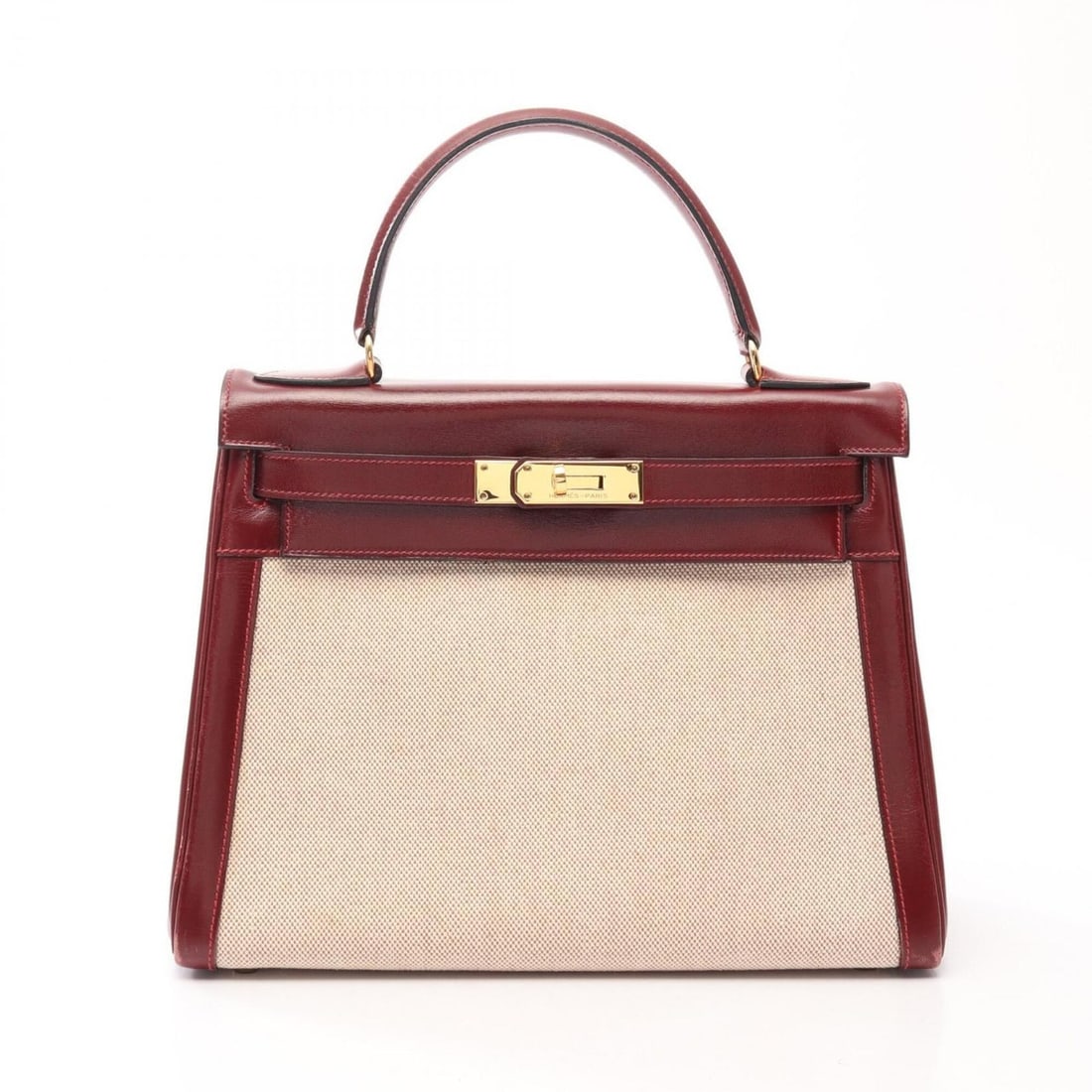 Hermes Kelly 28 Ecru Rouge H Handbag, Toile Box Calf Leather, Women's, Beige/Burgundy: --- Catalog ---Category: SizeSize (HxWxD): 21cm x 28cm x 11cm / 8.26'' x 11.02'' x 4.33''Category: DesignType: HandbagColor: Beige, BordeauxGender: WomenMaterial: Toile H Category: GeneralBrand: Herme