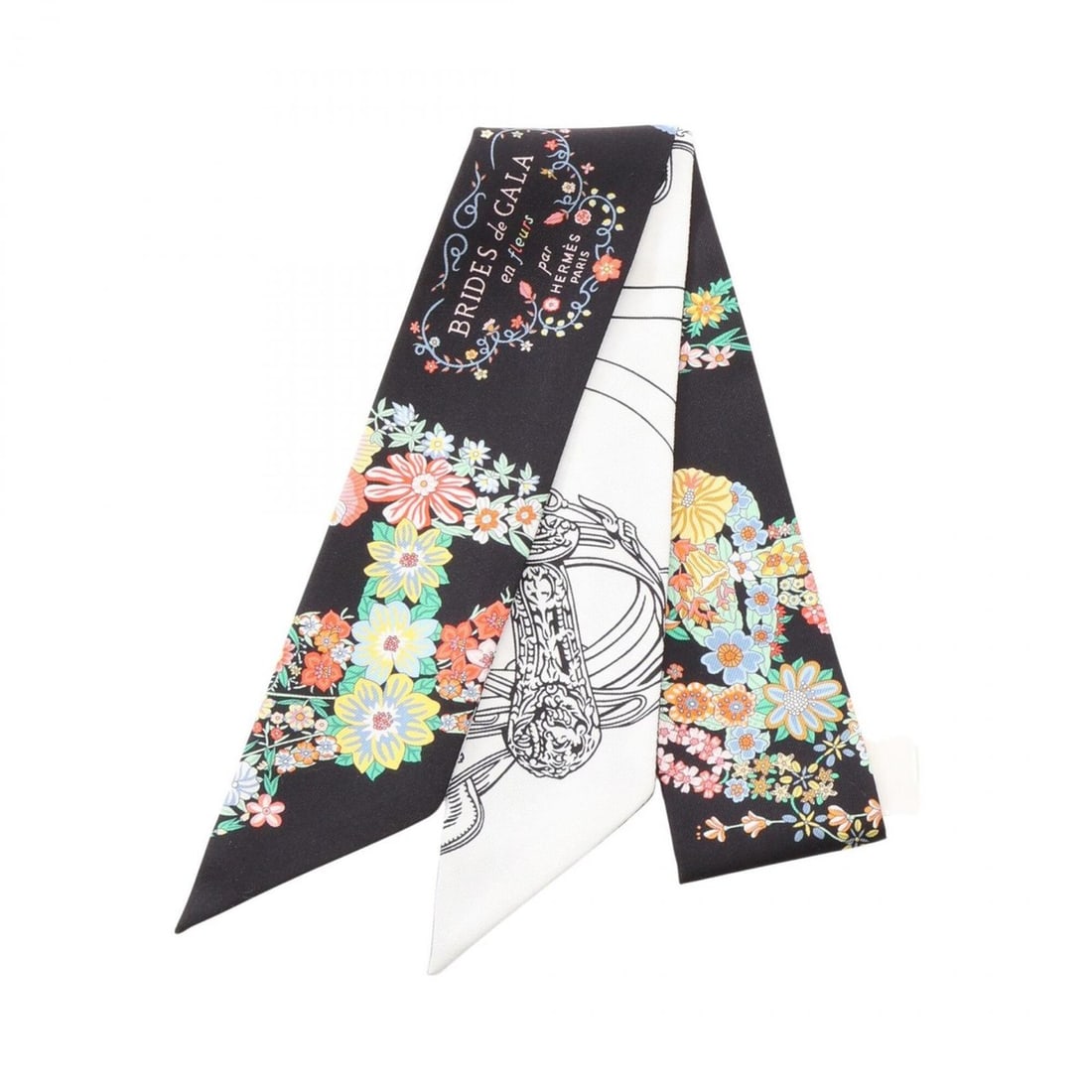 Hermes Twilly Brides de Gala en Fleurs eyeliner ribbon scarf muffler silk women's black white: --- Catalog ---Category: SizeSize (LxW): 85cm x 5cm / 33.46'' x 1.96''Category: DesignType: ScarfColor: Black, Multi-color, WhiteGender: WomenMaterial: Silk Category: GeneralBrand: Hermes--- Item List