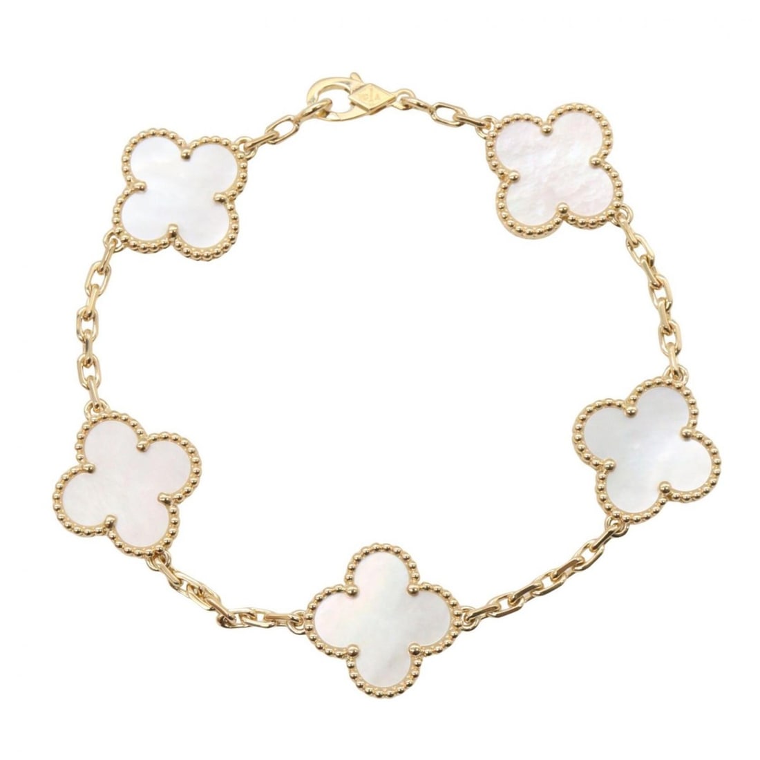 Van Cleef & Arpels Vintage Alhambra 5-Motif Mother-of-Pearl Bracelet, 18K (Yellow Gold),: --- Catalog ---Category: SizeLength: 16cm / 6.29''Category: DesignType: Charm braceletColor: Gold, WhiteGender: WomenMaterial: Yellow gold (18K)Category: GeneralMPN: VCARA41800Brand: Van Cleef & Arpel
