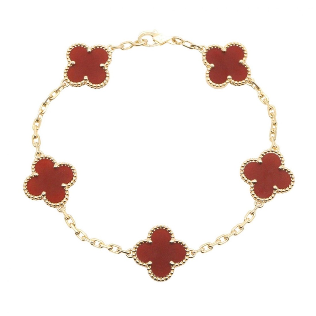 Van Cleef & Arpels Vintage Alhambra 5-Motif Carnelian Bracelet, 18K (Yellow Gold), Carnelian,: --- Catalog ---Category: SizeLength: 18cm / 7.08''Category: DesignType: Charm braceletColor: Bordeaux, GoldGender: WomenMaterial: Yellow gold (18K)Category: GeneralMPN: VCARD35500Brand: Van Cleef & Ar