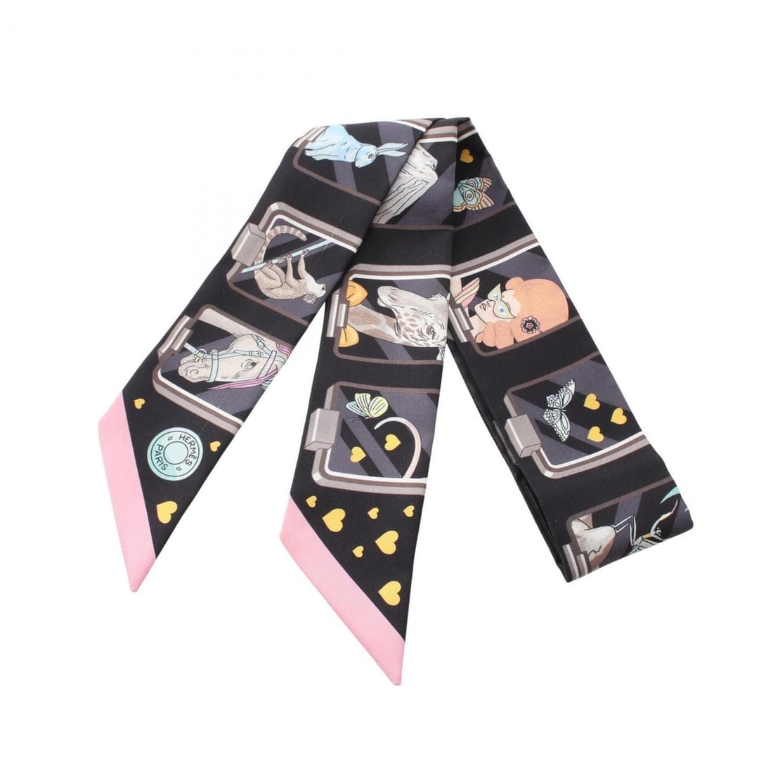 Hermes Twilly STORY Ribbon Scarf Muffler Silk Women's Black Multicolor: --- Catalog ---Category: SizeSize (LxW): 85cm x 5cm / 33.46'' x 1.96''Category: DesignType: ScarfColor: Black, Multi-colorGender: WomenMaterial: Silk Category: GeneralBrand: Hermes--- Item List ---Sec