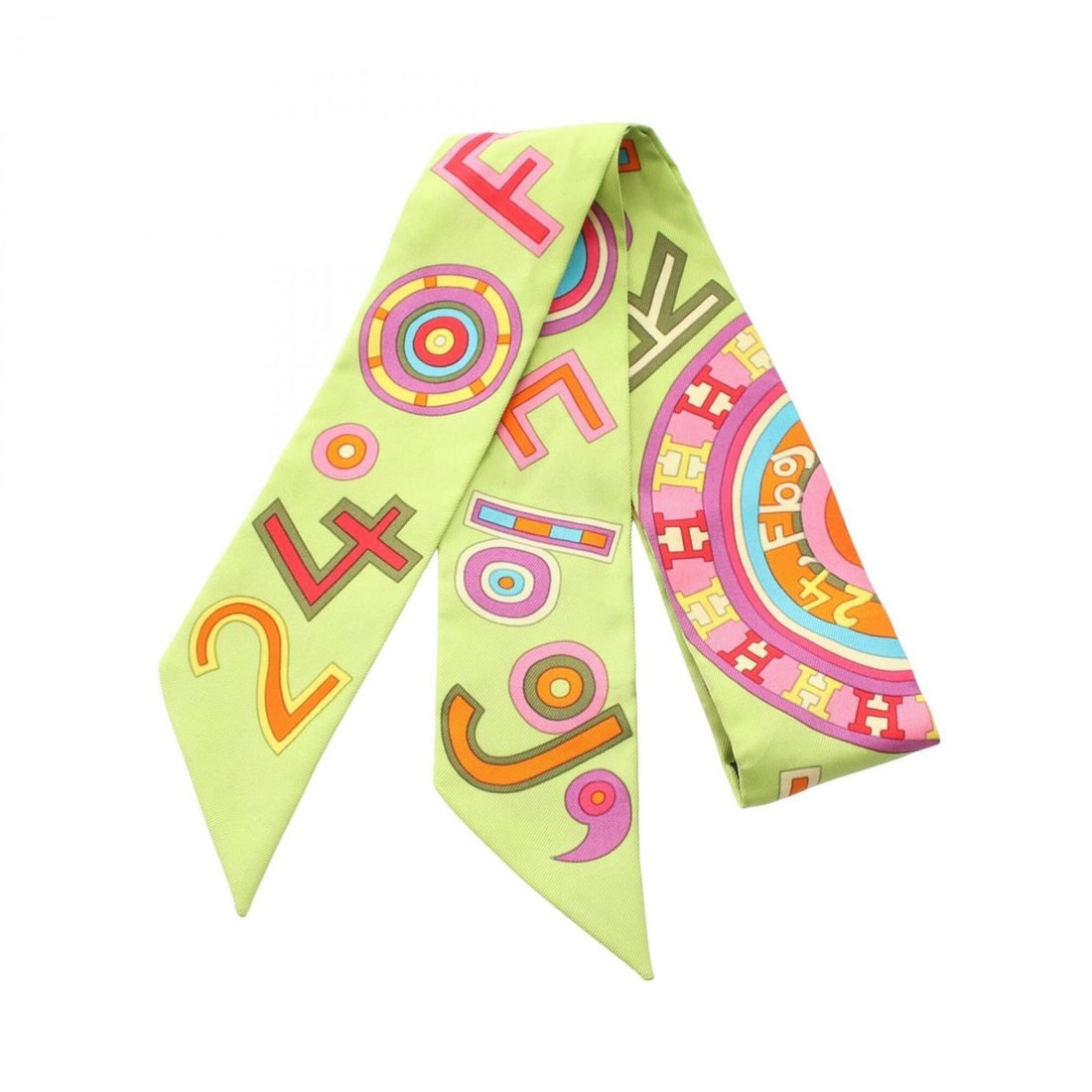 Hermes Twilly FRANCE PARIS FBG 24 Ribbon Scarf Muffler Silk Women's Green Multicolor: --- Catalog ---Category: SizeSize (LxW): 86.5cm x 5cm / 34.05'' x 1.96''Category: DesignType: ScarfColor: Green, Multi-colorGender: WomenMaterial: Silk Category: GeneralBrand: HermesCountry of Origin: