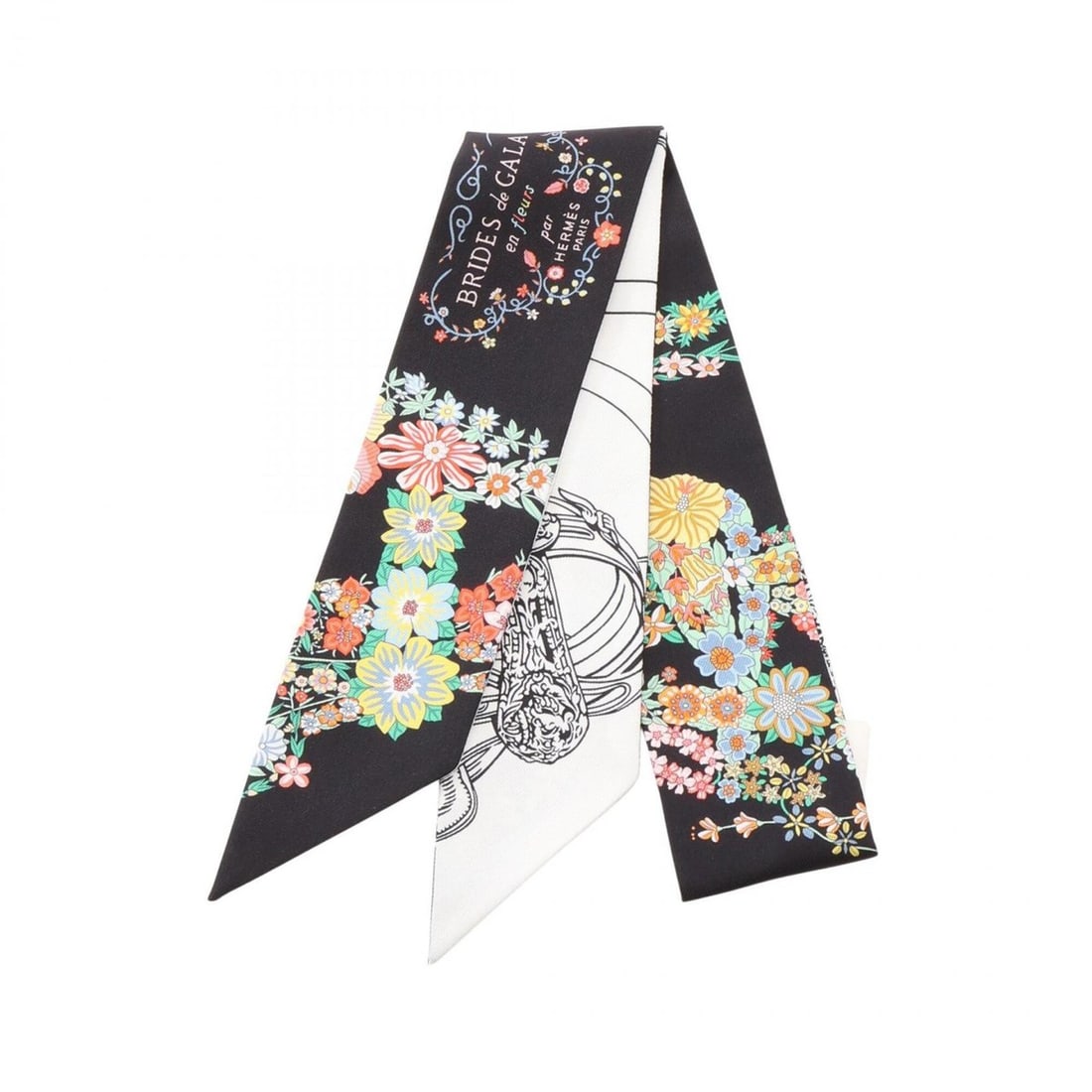 Hermes Twilly Brides de Gala en Fleurs Eyeliner Ribbon Scarf Muffler Silk Women's Black White: --- Catalog ---Category: SizeSize (LxW): 85cm x 5cm / 33.46'' x 1.96''Category: DesignType: ScarfColor: Black, Multi-color, WhiteGender: WomenMaterial: Silk Category: GeneralBrand: Hermes--- Item List