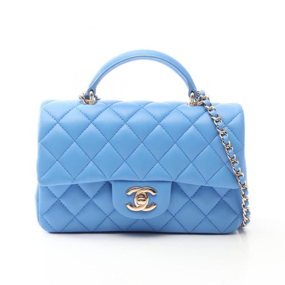 Chanel Matelassé Top Handle Mini Flap 2-Way Shoulder Bag/Handbag, Lambskin Leather, Women's, Blue: --- Catalog ---Category: SizeSize (HxWxD): 13cm x 19cm x 6cm / 5.11'' x 7.48'' x 2.36''Category: DesignType: Handbag, Shoulder bagColor: BlueGender: WomenMaterial: Leather Leather/Fur Type: LambskinCa