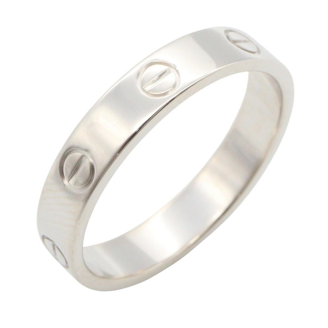 Cartier Mini Love Ring, 18K White Gold (18KWG), Silver Tone, B4085100 (Men's/Women's): --- Catalog ---Category: SizeWidth: 4mm / 0.16''Weight: 5.2g / 0.18oz.JP Size: 16.5US Size: 8Brand Size: 58Category: DesignType: Band ringMetal: White GoldGender: Men,WomenMetal Purity: 18KCategory: G